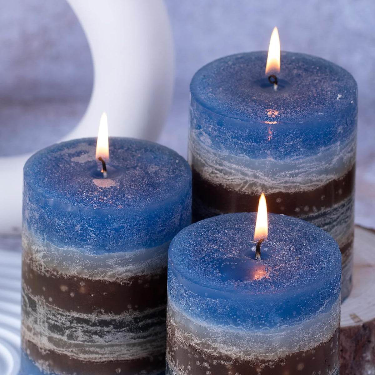 KONNI Layered Pillar Candles Set of 3, 3"x 4" Table Decor Blue Coffee