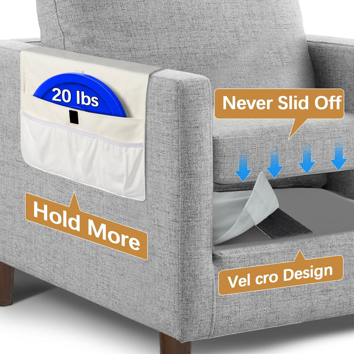 WOMACO Sofa Armrest Remote Magazine Holder, Non-Slip Armchair Recliner Caddy, Couch Arms TV Remote Control Organizer for Tablet, Phone, iPad, Laptop (Ivory, 16" x 35")