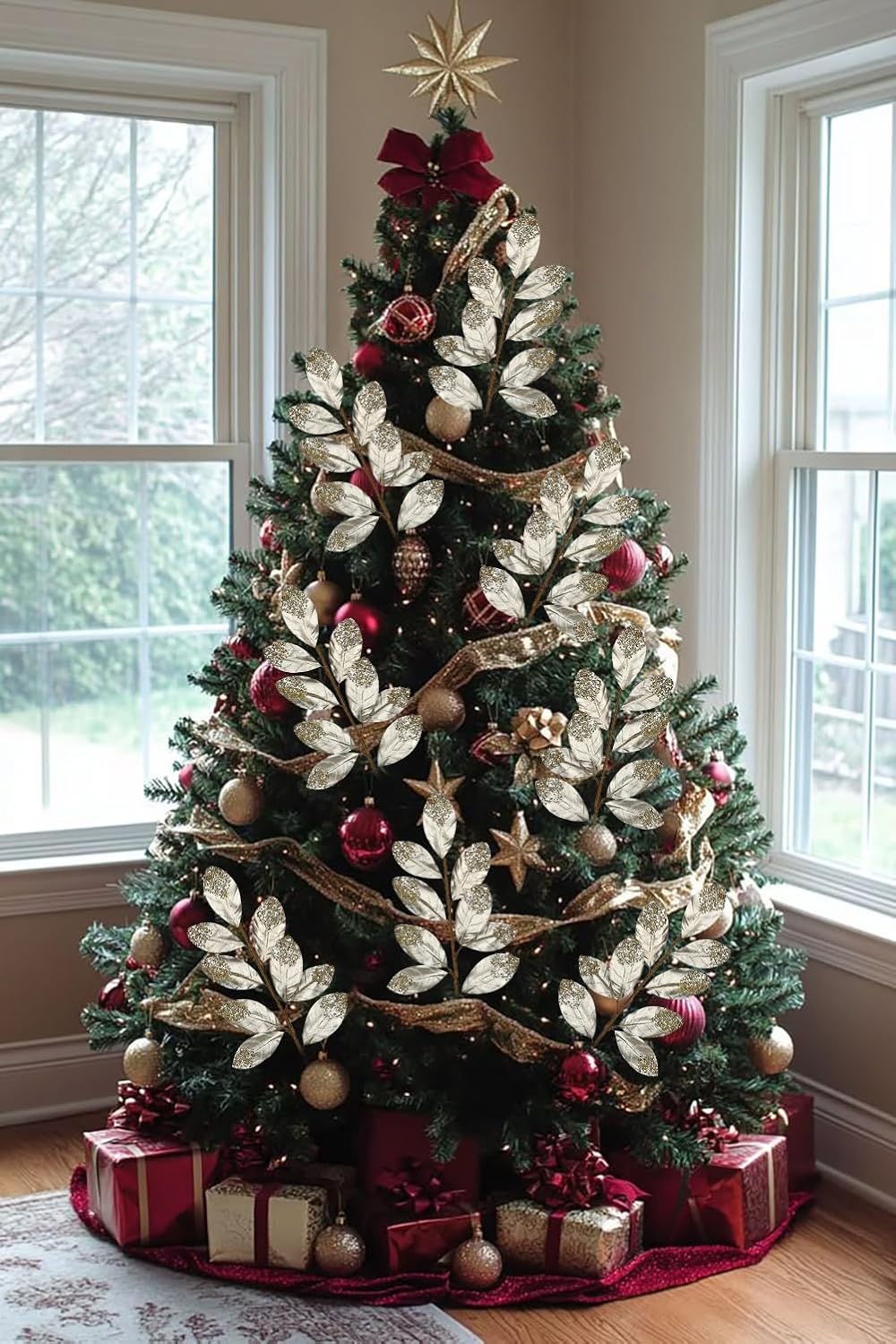 Hollyone Christmas Tree Picks and Sprays 3Pcs Champagne Artificial Magnolia Stems Magnolia Leaves Branches Fake Gold Leaf Floral for Vase DIY Xmas Tree Garland Wreath Centerpieces Wedding Decor