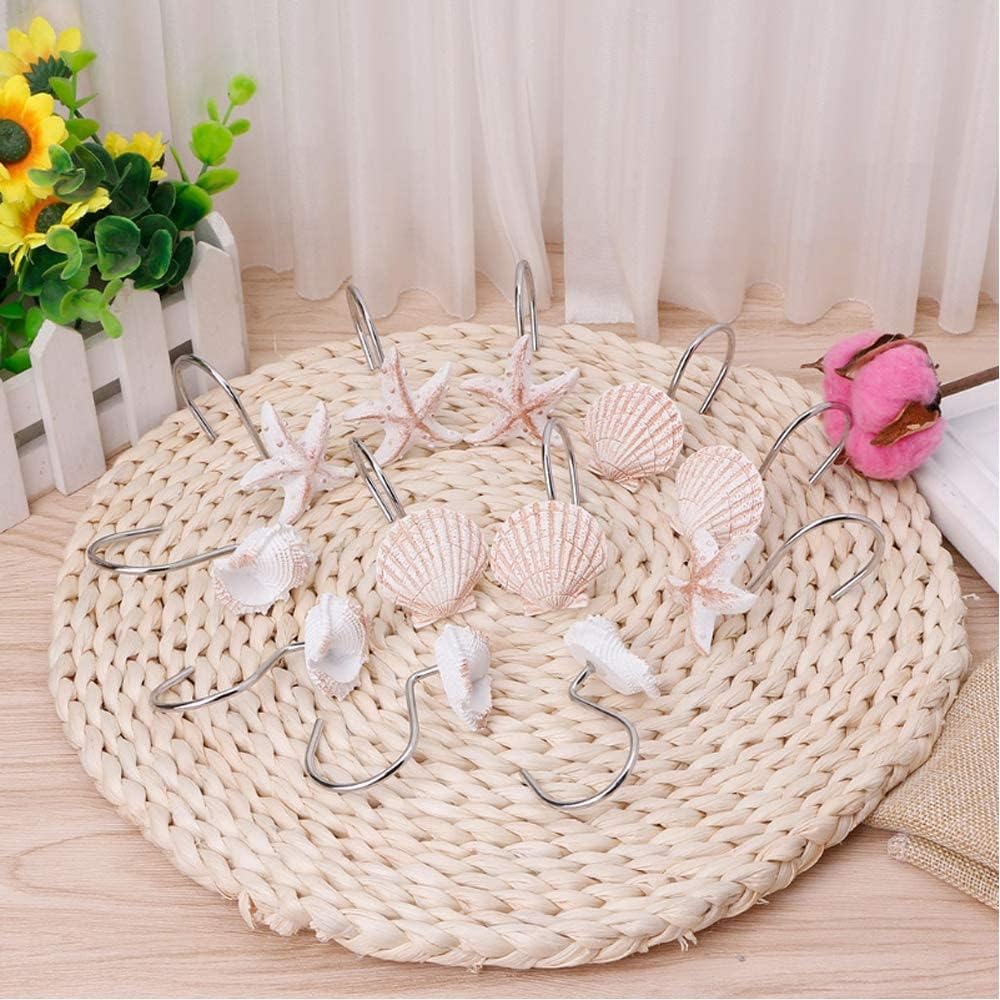 Seashell Shower Curtain Hooks for Bathroom Decorative, 12pcs Anti Rust Decorative Resin Shower Curtain Rings Rods Hooks