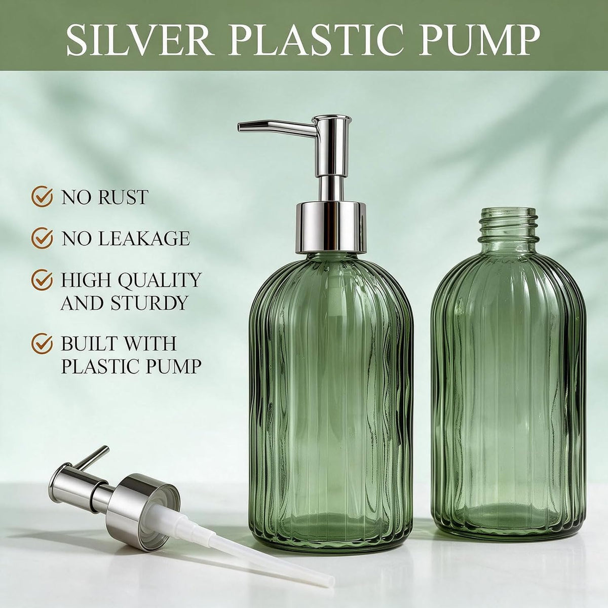 14 Oz Green Glass Soap Dispenser with Silver Plastic Pump, Striped Style