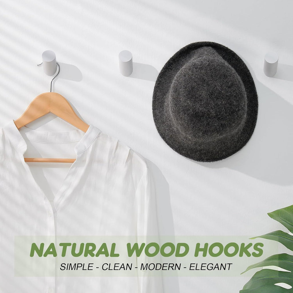 Felidio Wood Wall Hooks, 4 Pack Coat Hooks Wall Mounted, Rustic Wooden Heavy Duty Robe Hook Hat Rack, Hook for Hanging Bathroom Towels Clothes Hanger (White)