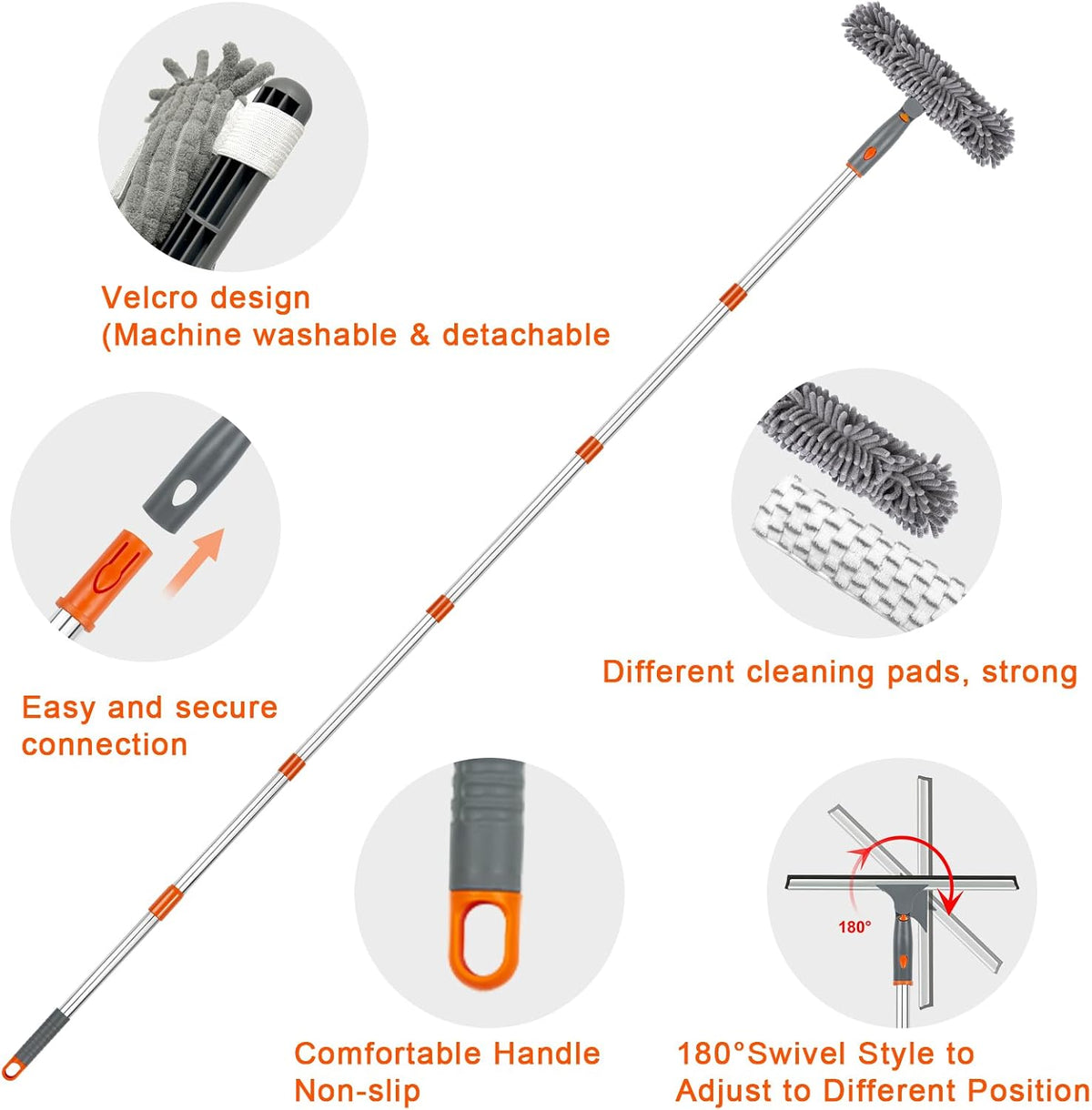 BITOPE Window Cleaner Tool Squeegee for Window Cleaning with 86" Extendable Pole Microfiber & Chenille Pad Squeegy for Exterior High Window Shower Door Glass Car RVs