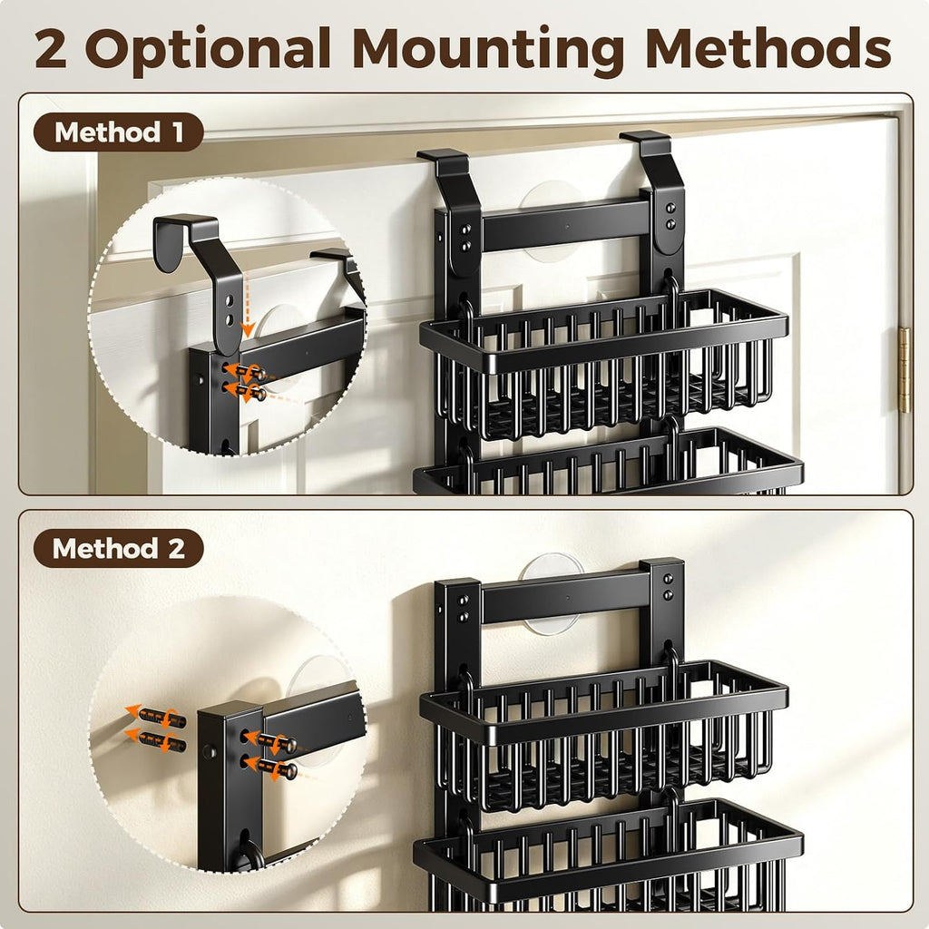 POKIPO 9 Tier Narrow Over The Door Pantry Organizer, 2 in 1 Wall Mount or Hanging Spice Rack with Adjustable Deep Basket, Heavy-Duty Seasoning Organizer and Storage for Kitchen Closet Bathroom