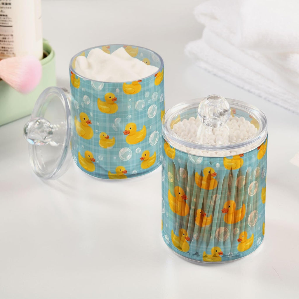 2 Pack Qtip Holder Dispenser Yellow Ducks Soap Bubbles Blue Apothecary Jars with Lids Dog Plastic Acrylic Bathroom Vanity Countertop Canister Storage Organizer for Cotton Ball,Swabs,Pads,Floss