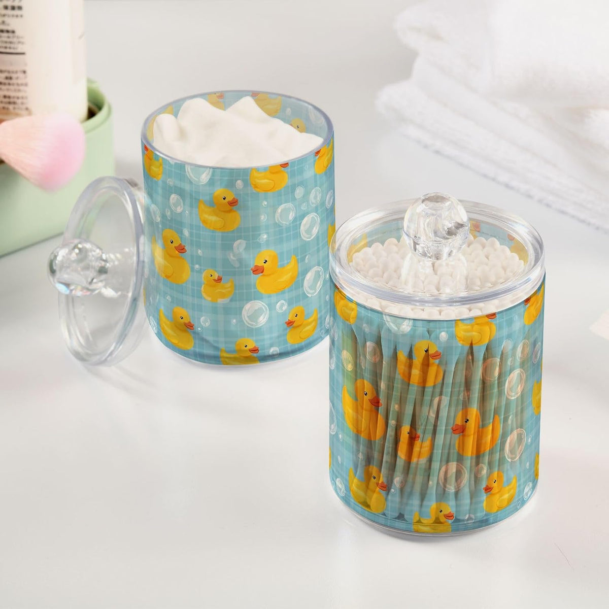 2 Pack Qtip Holder Dispenser Yellow Ducks Soap Bubbles Blue Apothecary Jars with Lids Dog Plastic Acrylic Bathroom Vanity Countertop Canister Storage Organizer for Cotton Ball,Swabs,Pads,Floss