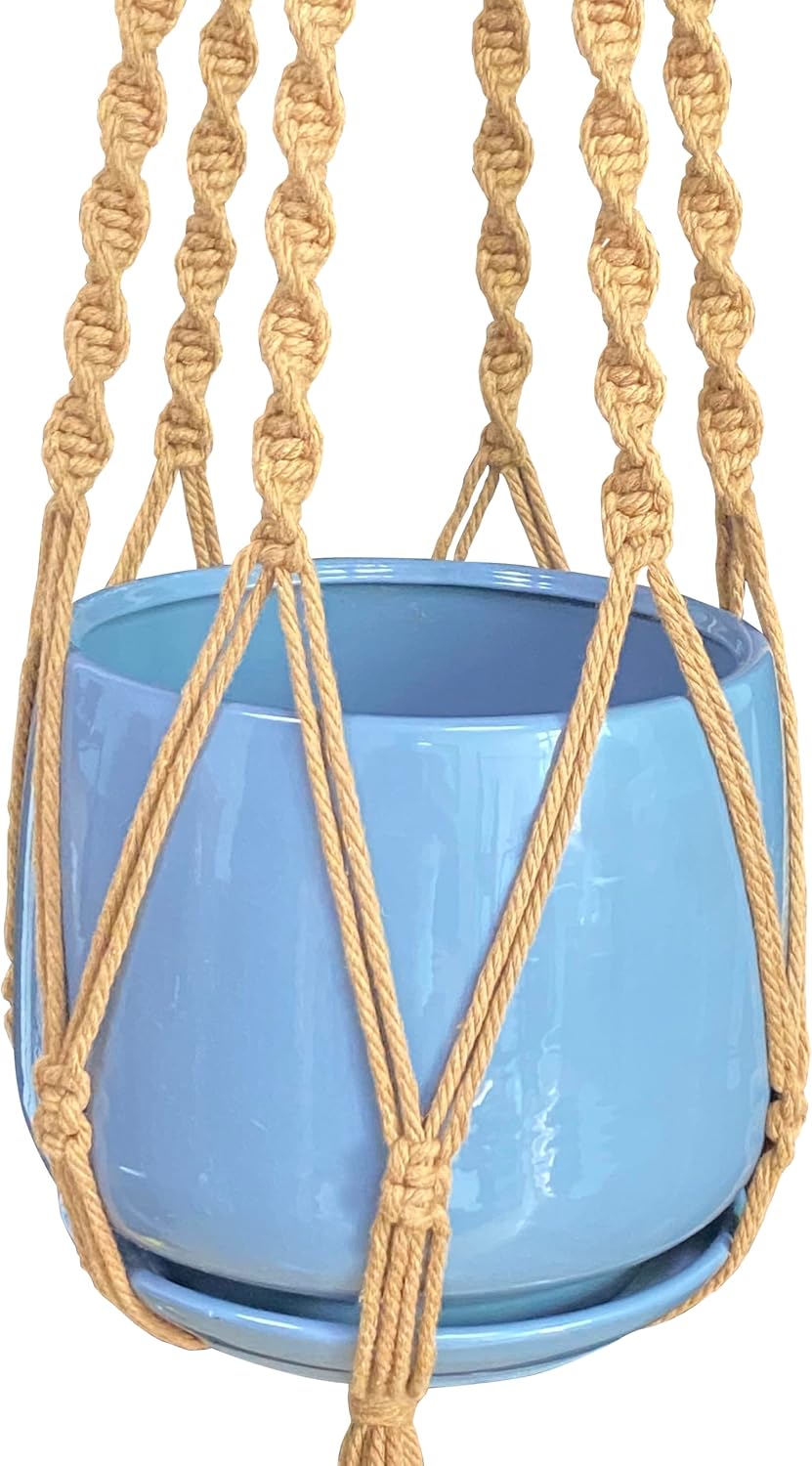6 Legs Macrame Natural Brown Cotton Plant Hanger & Holder and Metal Ring, 51-inches Length (Without the White Pot and Plant) (Brown)