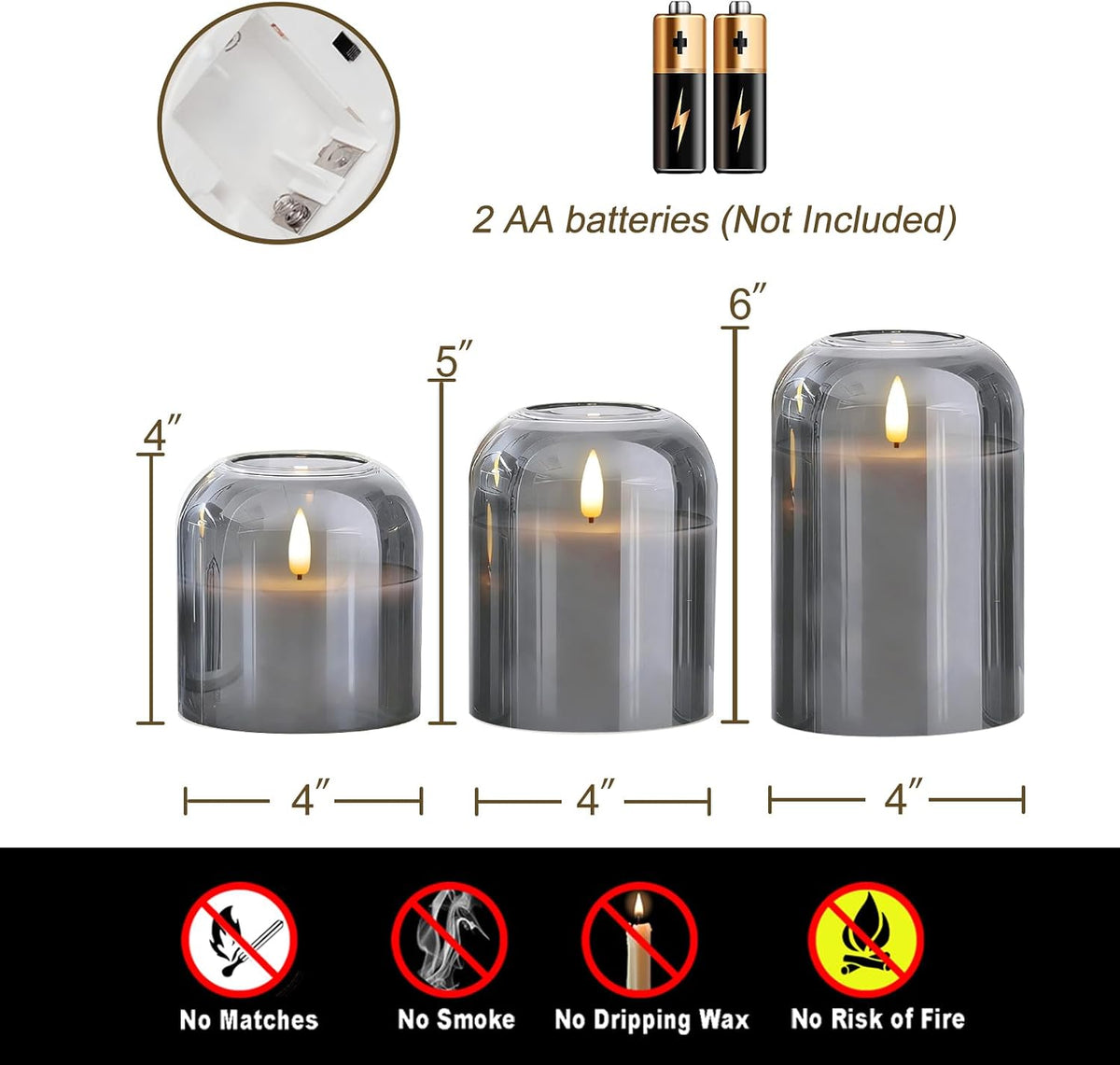 Homemory Glass Flameless Candles with Remote Real Wax Filled, 4"x4"5" 6"