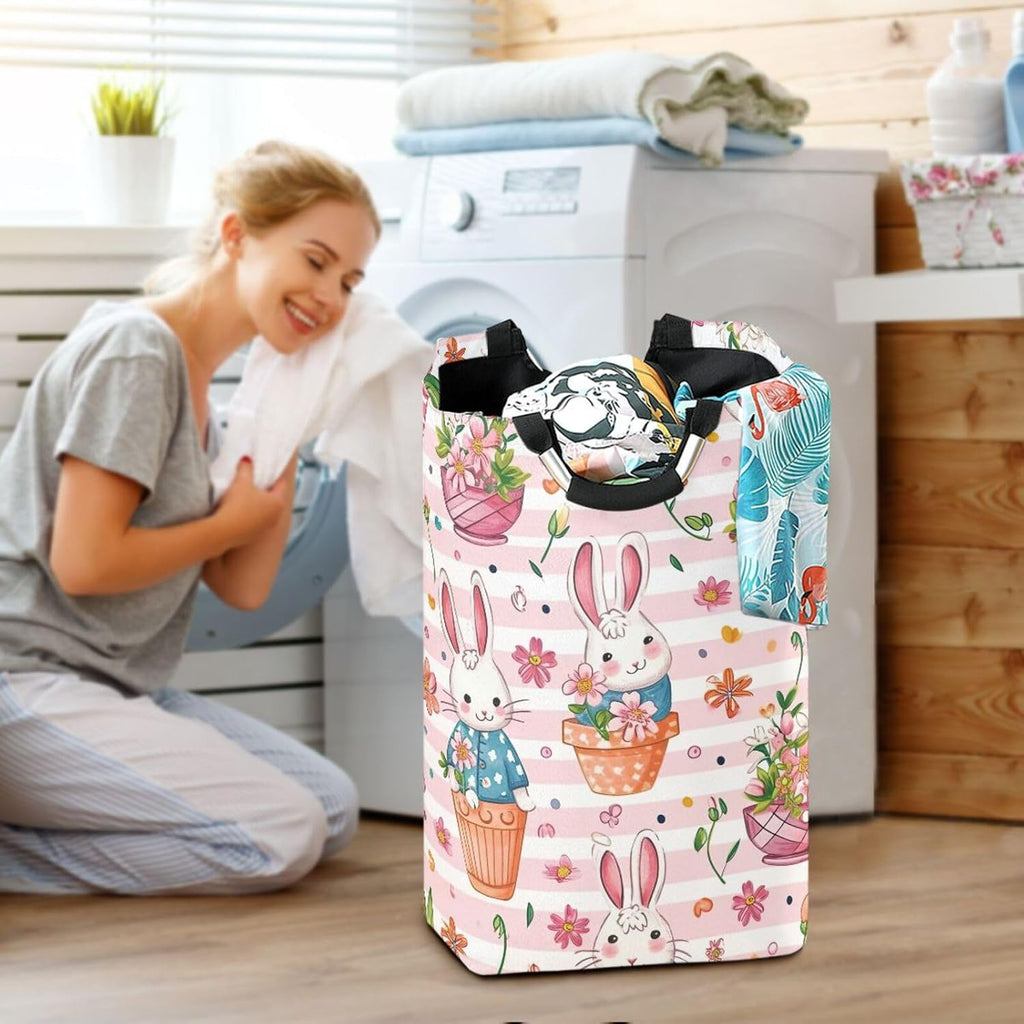 Nander Cute Bunny Laundry Hamper Oxford Cloth Fabric Laundry Basket Collapsible Storage Bin with Aluminum Circle Handles, Waterproof Inner