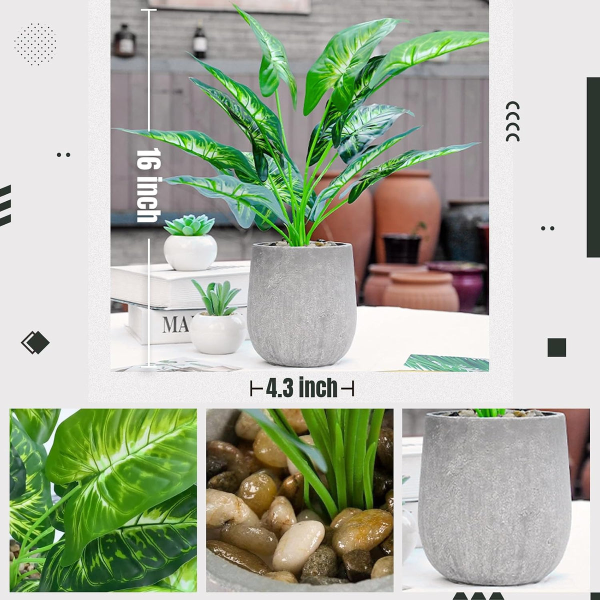 Der Rose 16" Fake Plant Potted Taro Leaf with Rocks for Home Decor