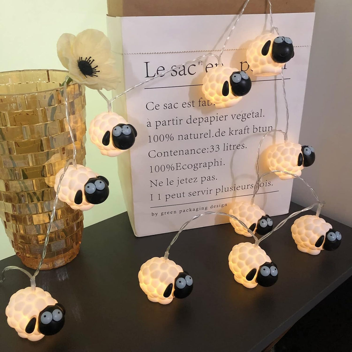 Cute Painted Sheep Night Light LED Sheep Ornaments String Lights Black Sheep Fairy Light Battery Powered Indoor Outdoor Party Decor Night Light (10LED, Black Sheep)
