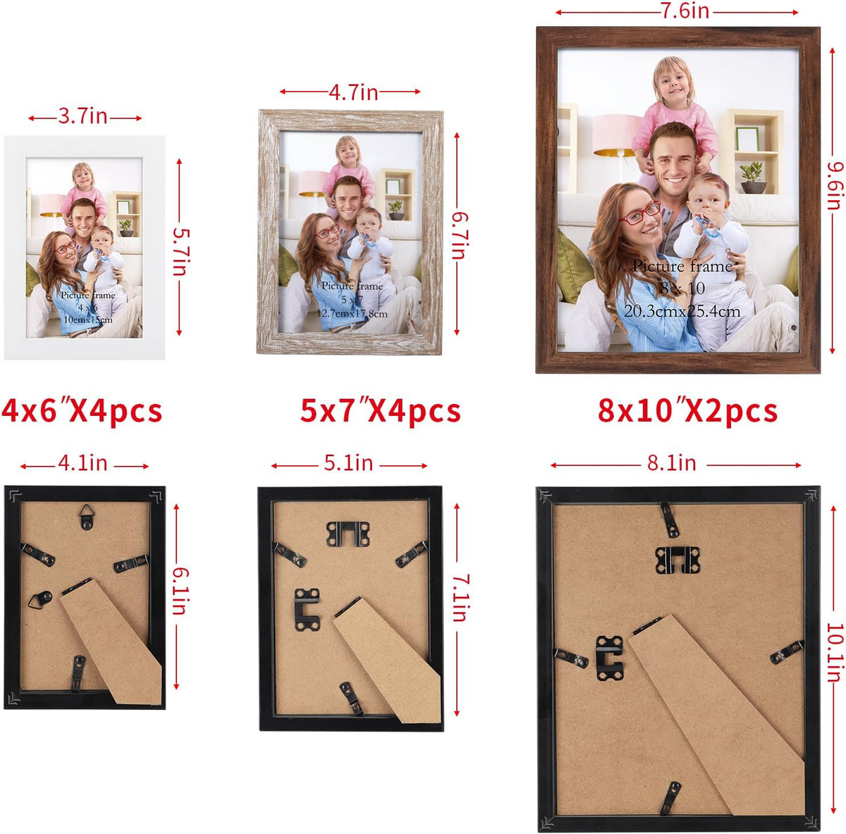 Giftgarden 4 Colors Picture Frames for Multiple Sizes Photos, Four 4x6, Four 5x7, Two 8x10, Assorted Gallery Frame Collage for Wall or Tabletop, Set of 10