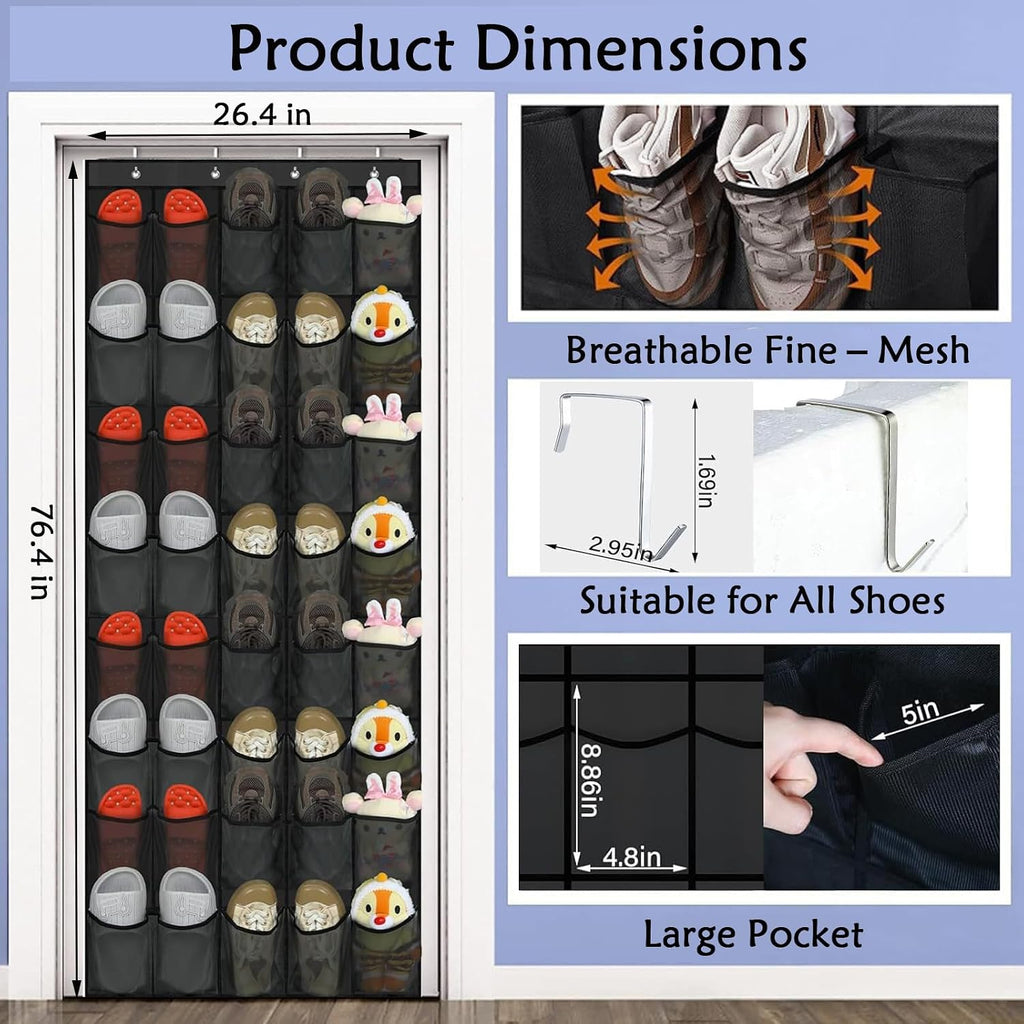 40 Over the Door Shoe Organizer, Hanging Shoe Organizer, for Closet Behind the Door Storage Holder for Entryway Bedroom Dorm, Both men's and women's shoes can be stored (Black)