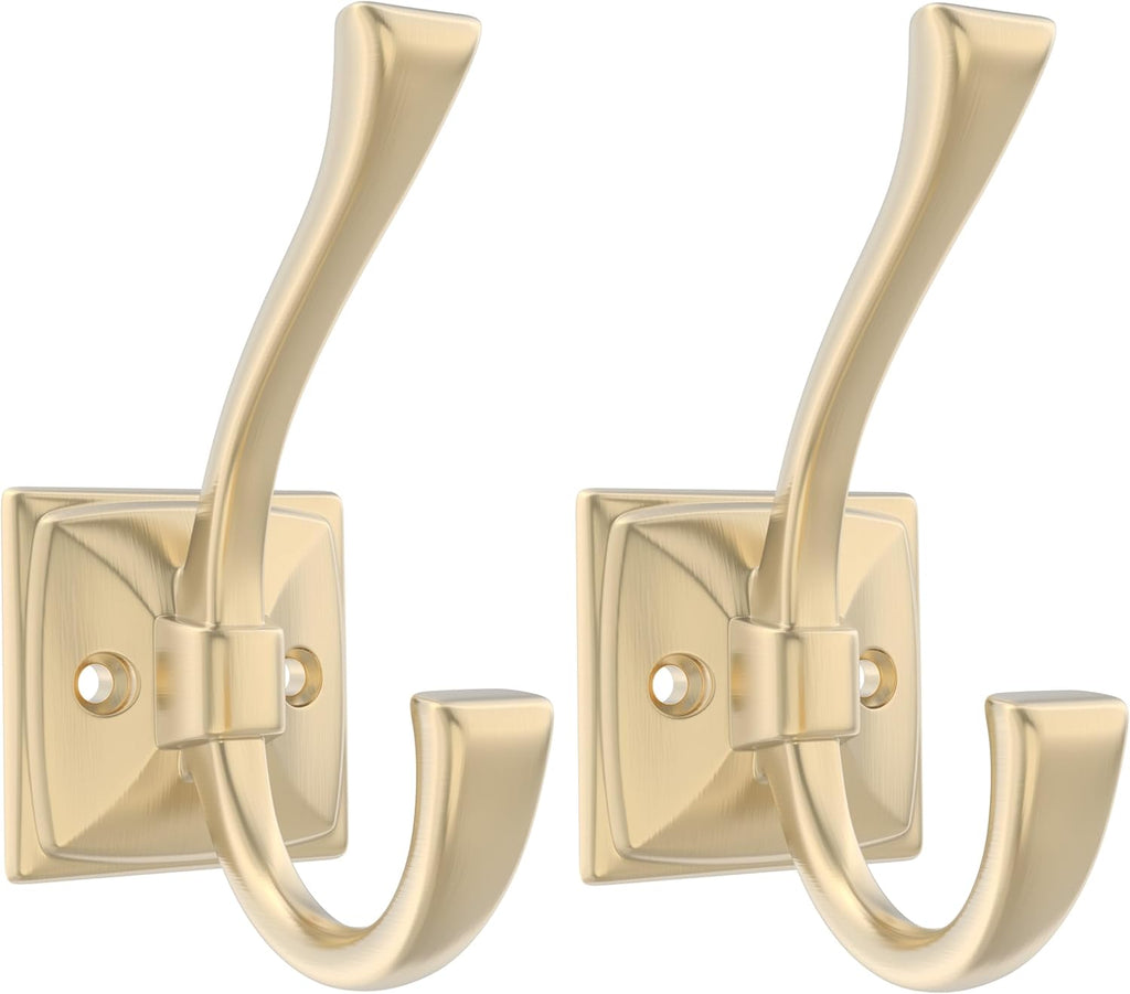 TOFIIGREM 2 Pack Brushed Gold Wall Hooks for Hat, Coat, Towel, Key, Bag, Mudroom Hooks Entrance Bathroom Door Decorative Heavy Duty Coat Hanger
