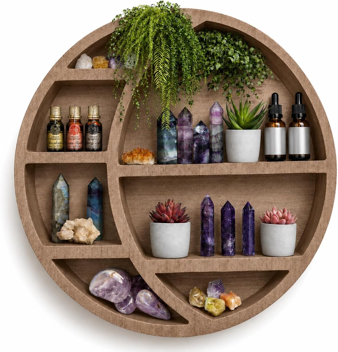 Wooden Crescent Moon Shelf Wall Decor — Aesthetic Floating Crystal Display Holder & Hanging Wall Organizer for Bedroom, Dorm & Spiritual Room Decor | 14"x14"x3.5" | (Light Brown)