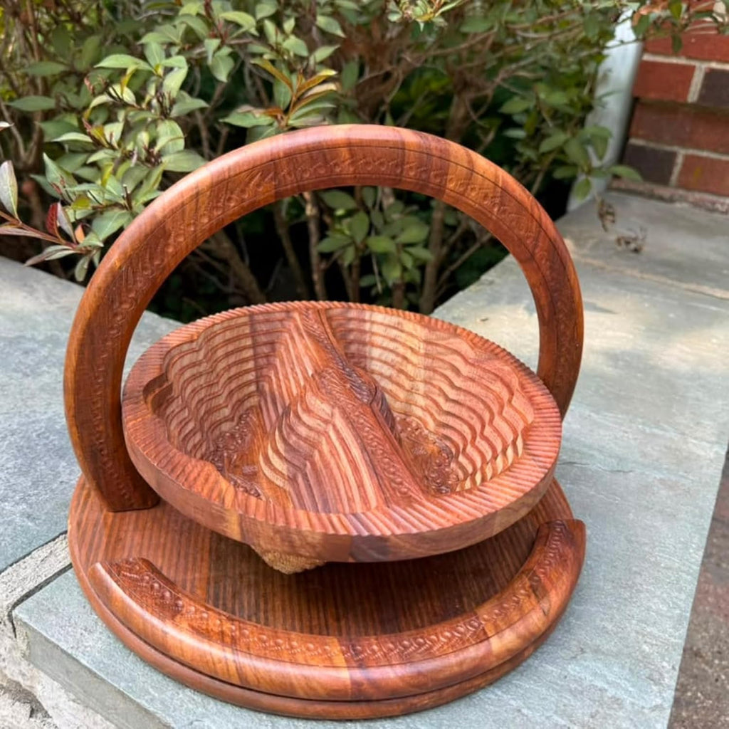 Best Holiday Gift Idea Wooden Collapsible Fruit Basket 2-Section Serving Bowl for Nuts, Snacks & Candy Essential Workers | Thanksgiving Gift | Diameter: 12" (2Celebration_Duo)