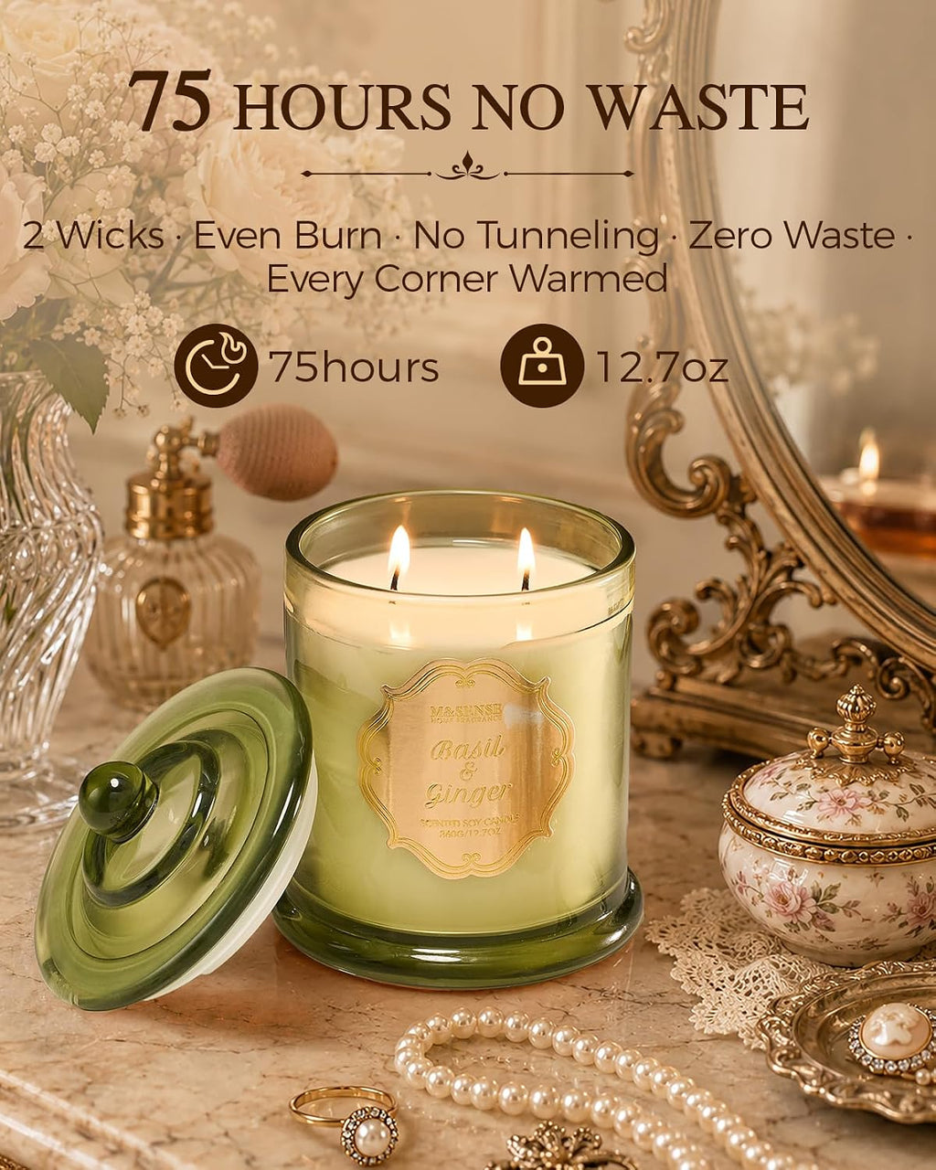 M&SENSE Basil Ginger Non Toxic Large Soy Candle, 12.7oz Home Scent