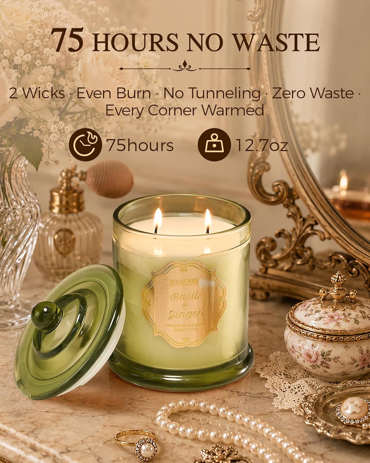 M&SENSE Basil Ginger Non Toxic Large Soy Candle, 12.7oz Home Scent