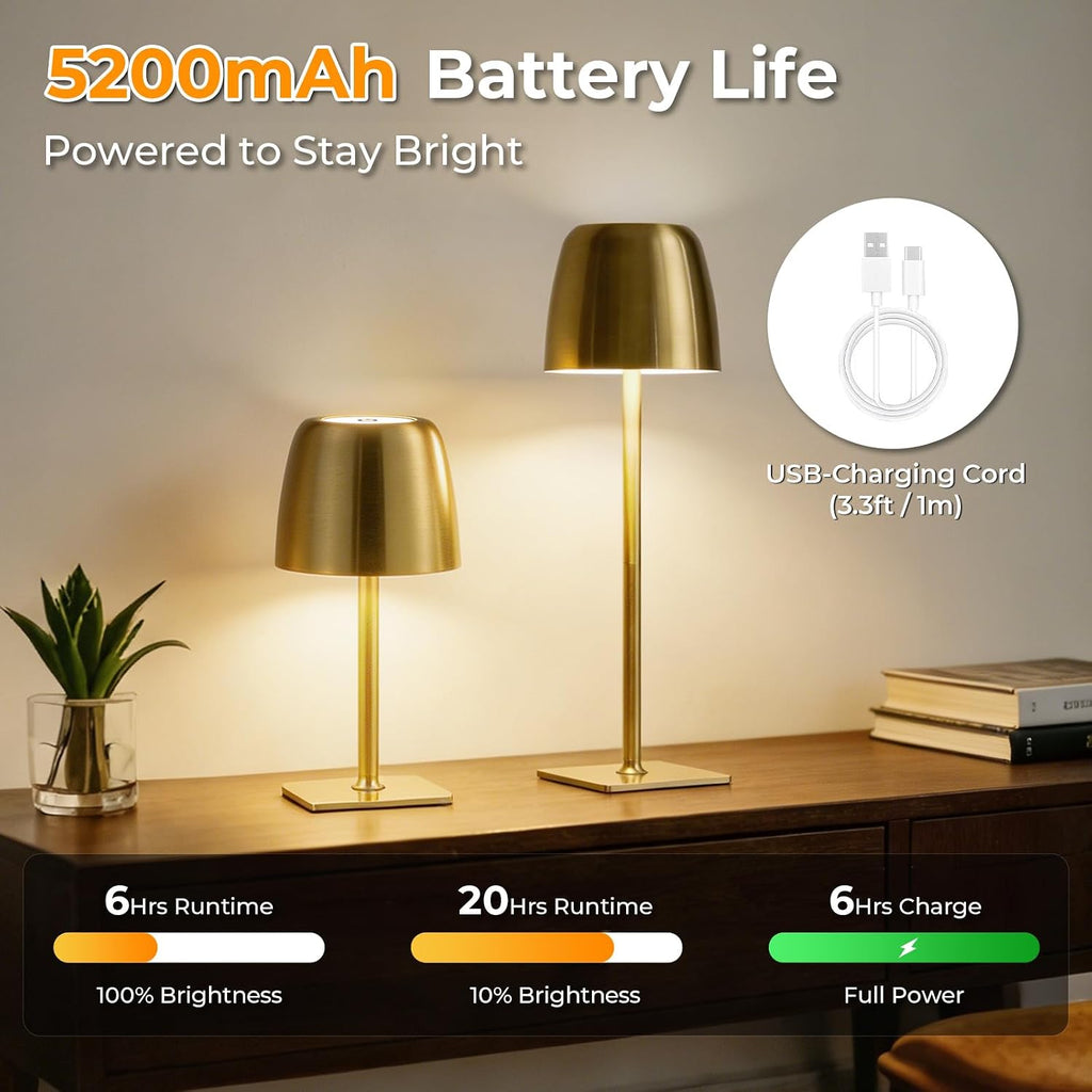 Cordless Table Lamps Rechargeable, Gold, 2-Pack