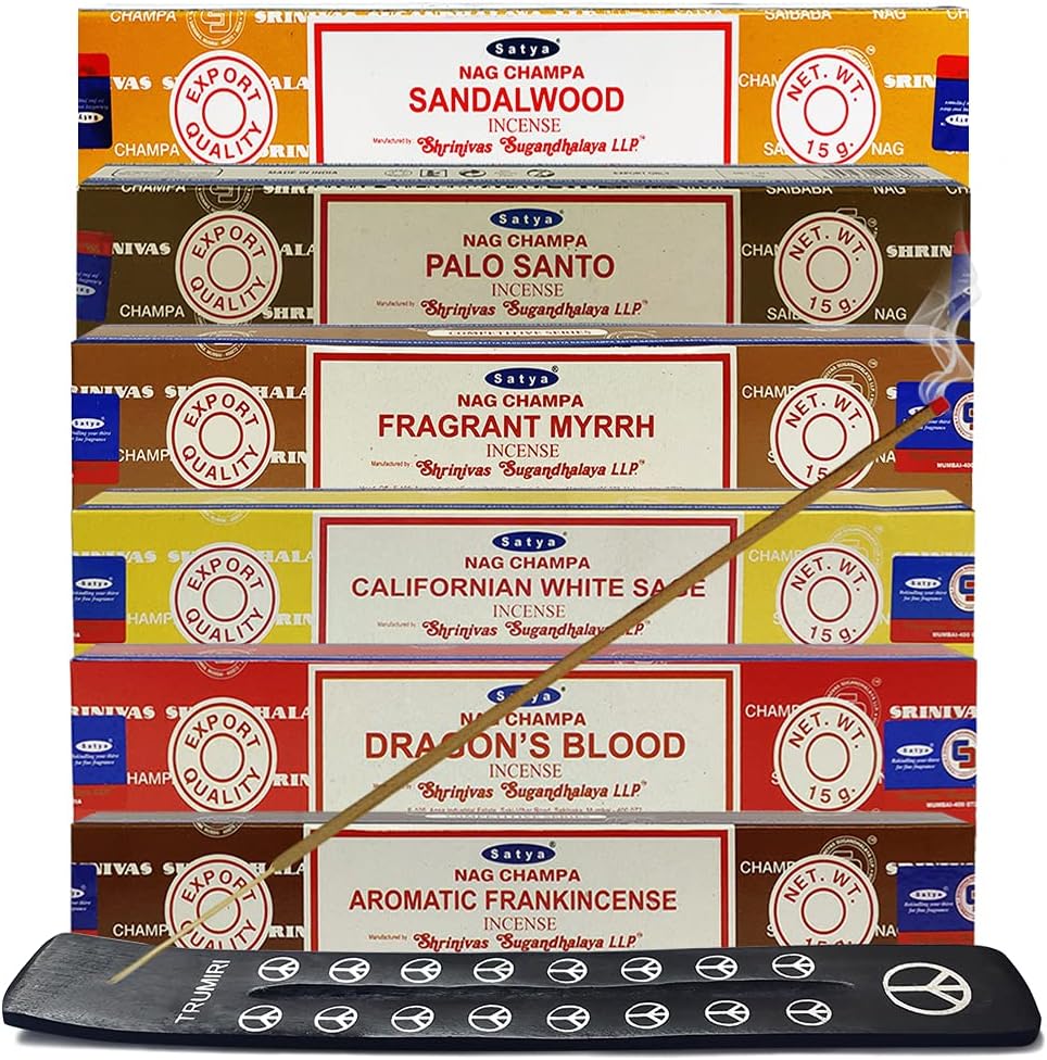 Satya Incense Sticks Variety Pack #10 and Holder Bundle with 6 Classic Fragrances Sandalwood Dragon's Blood Palo Santo White Sage