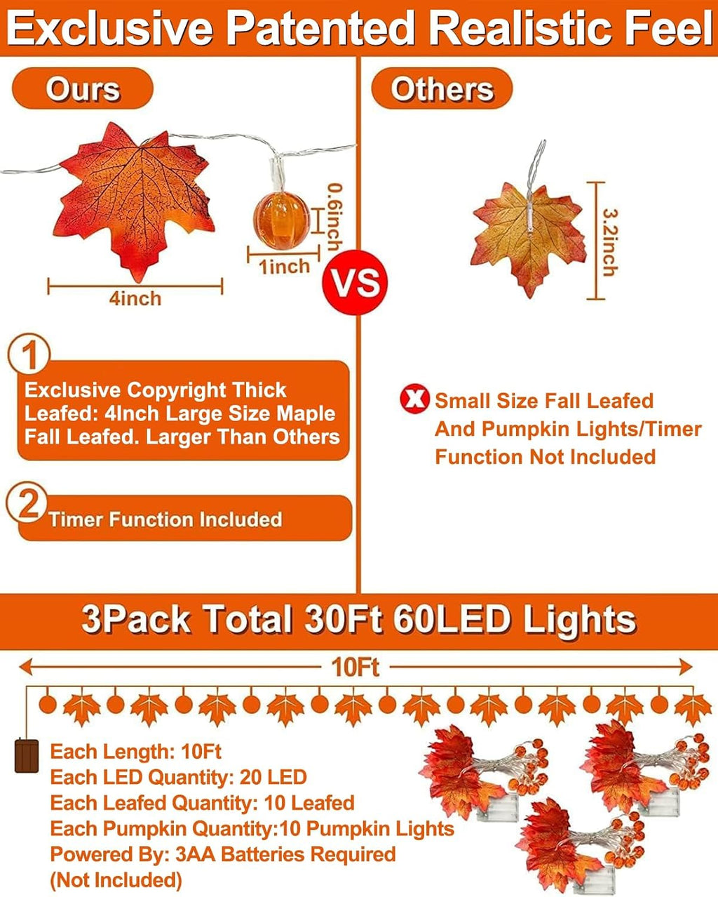 3 Pack Timer Fall Garland with Pumpkin Lights 30Ft 60LED Pumpkin Garland