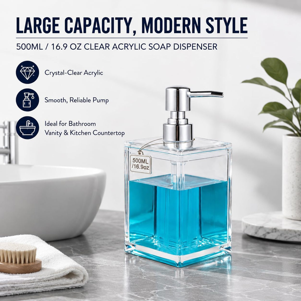 LGURT Clear Acrylic Soap Dispenser, 500ml Hand Soap Pump