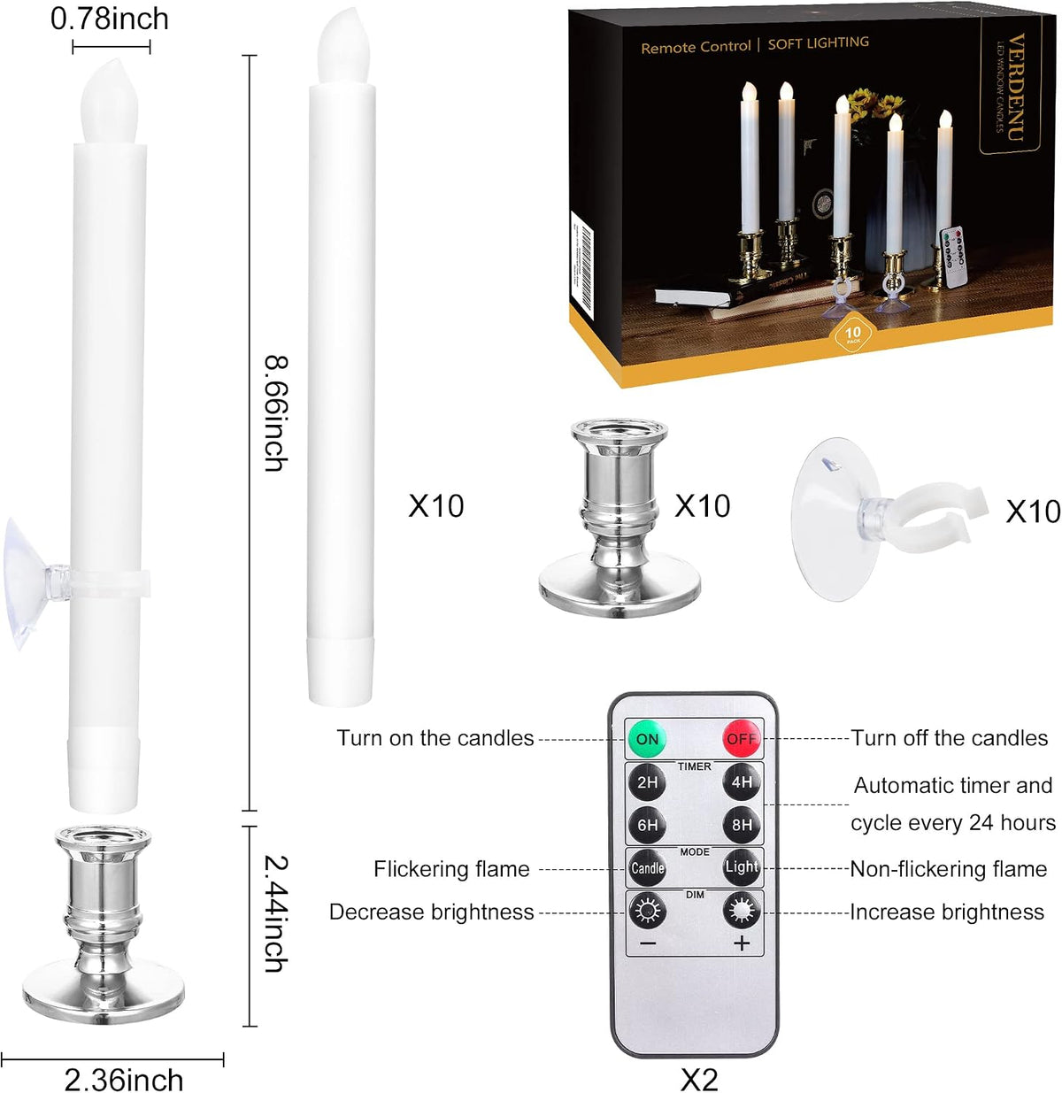 Verdenu 10 Pack Window Candles Battery Operated with Remote Timer