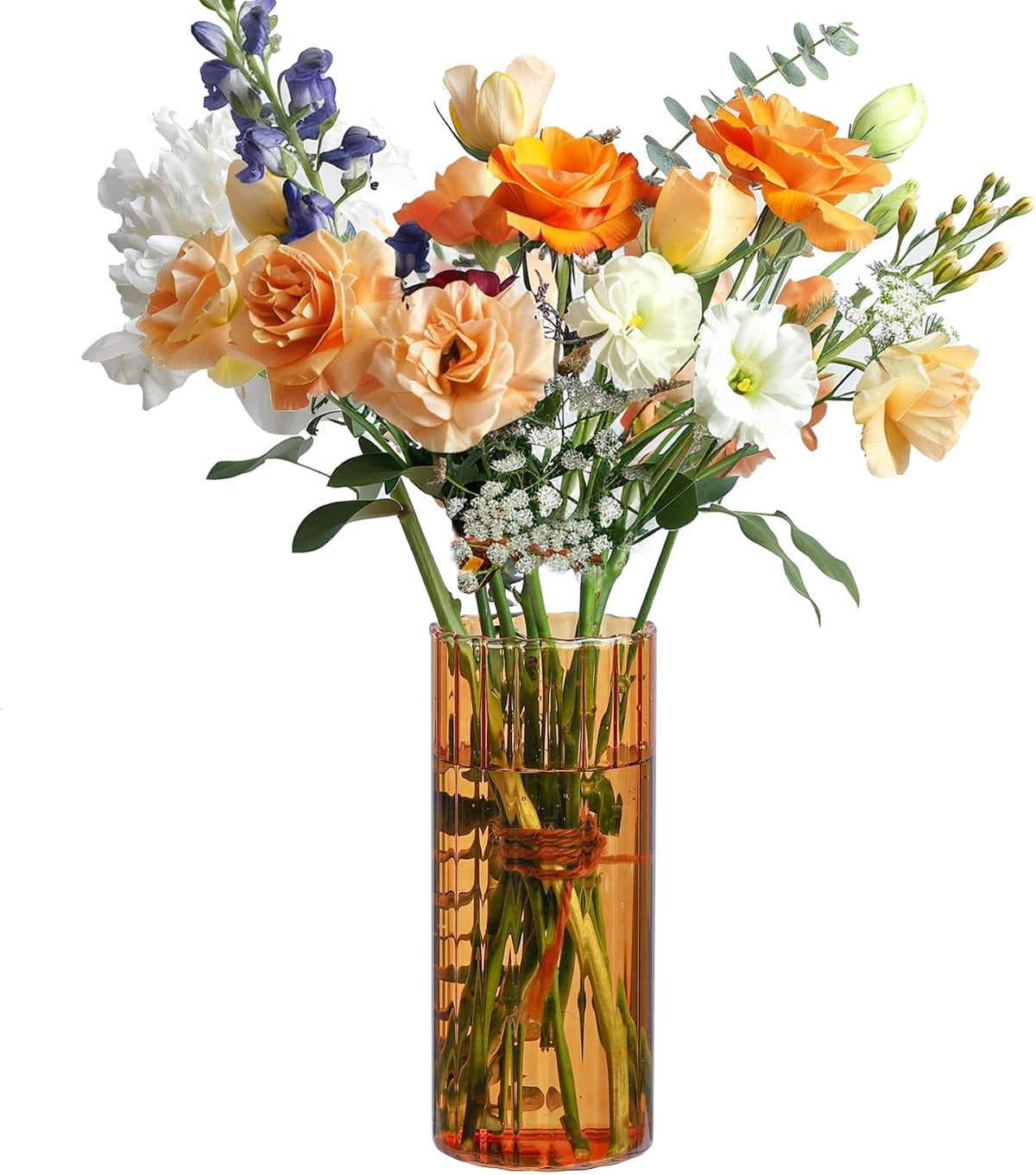ComSaf Glass Cylinder Vase 8 Inch Tall, Amber Ribbed Decor for Centerpieces