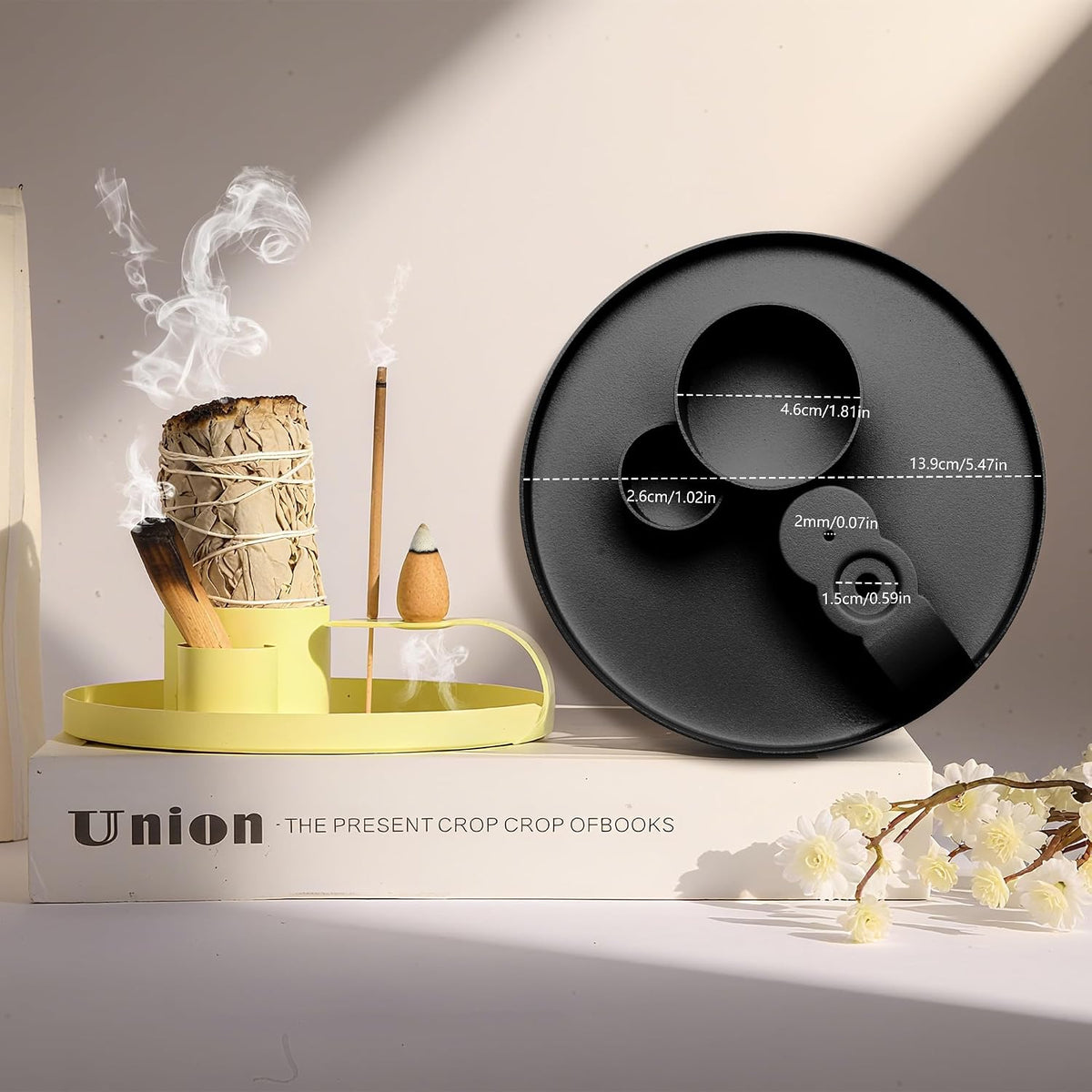 Multifunction Incense Holder, Sage Burner Holder, Palo Santo Holder Burner, 5.47" Ash Catch Tray, Smudge Stick Holder with Handle for Incense Sticks Incense Cone Candle, Yoga Meditation and Room Decor