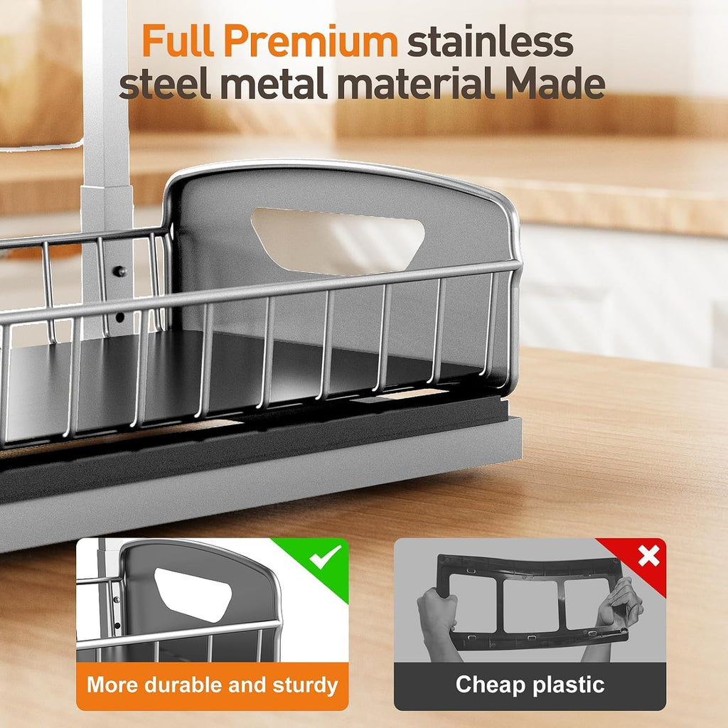 Under Kitchen Sink Organizer, Metal Pull Out Bathroom Organizers and Storage, 2-Tier Cabinet Organizer Shelf with Sliding Drawer, Home Organization for Kitchen, Laundry, Pantry, Light Grey, 2 pack