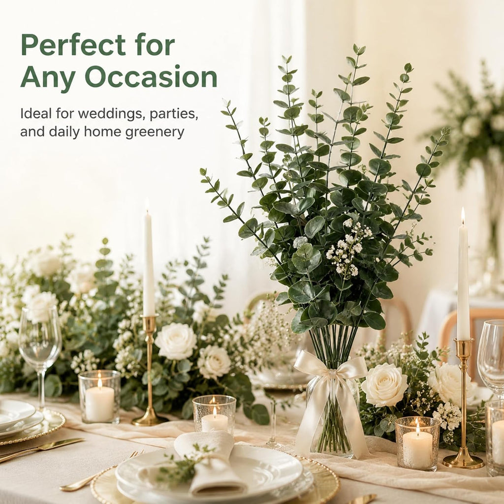18 Pcs Artificial Eucalyptus Stems Dark Green Leaves Fake Greenery Branches Faux Flowers Bouquet for Home Decor Wedding Centerpiece Table Decoration