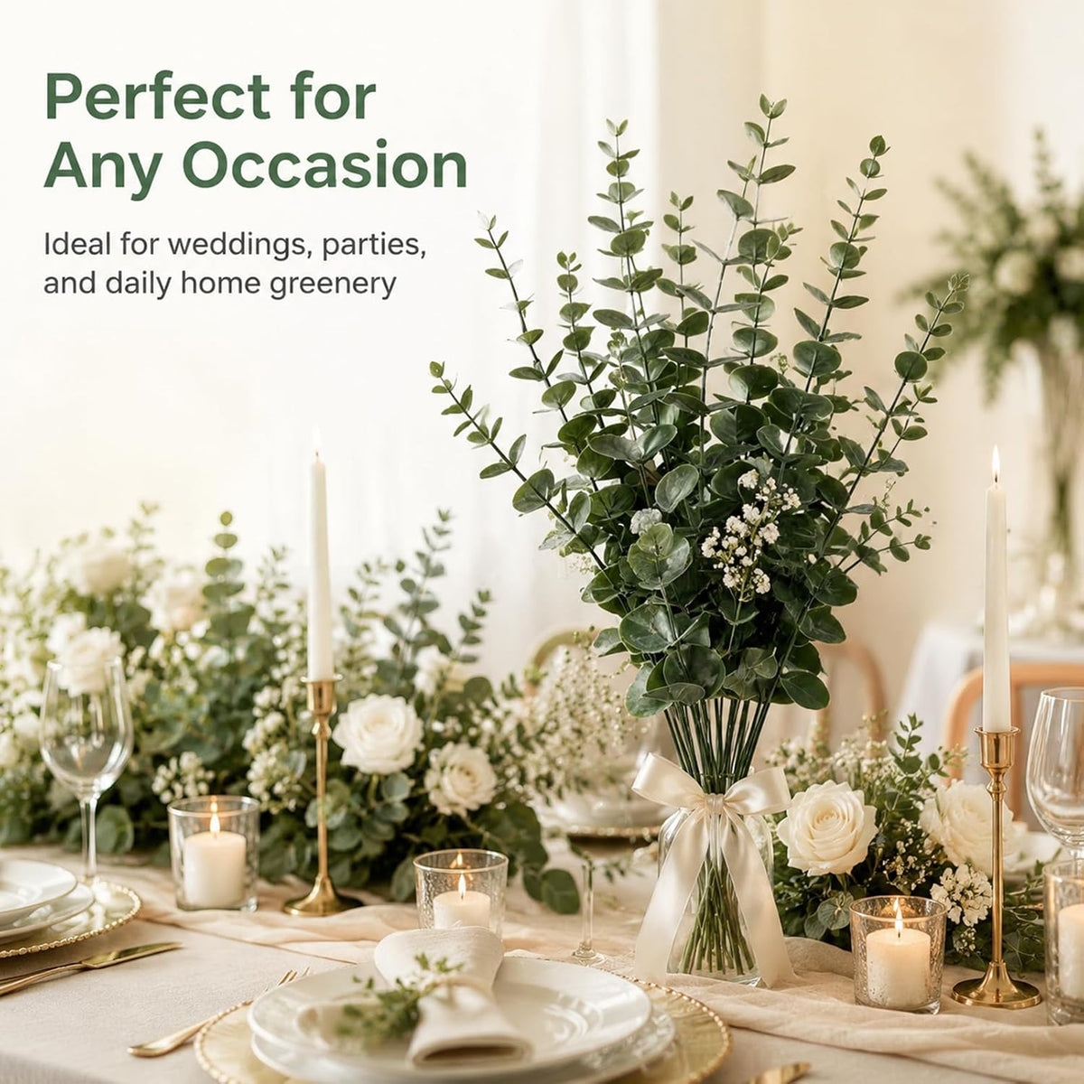 18 Pcs Artificial Eucalyptus Stems Dark Green Leaves Fake Greenery Branches Faux Flowers Bouquet for Home Decor Wedding Centerpiece Table Decoration
