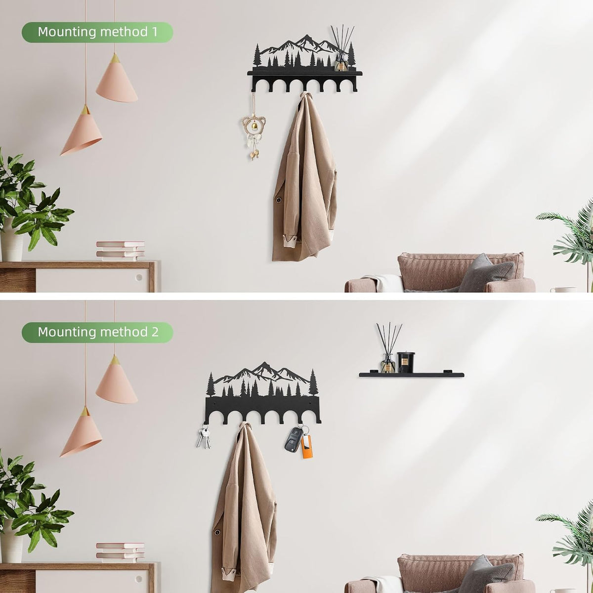 Wall Mounted Mountain Key & Mail Holder with Shelf | Metal Key Organizer with 2 in 1 Key Hooks for Entryway, Hallway, Office