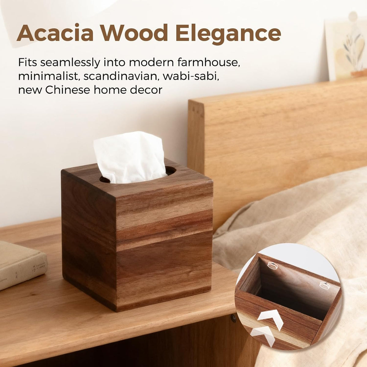 Acacia Wood Tissue Box Cover, Square Wooden Tissue Box Holder, 2 Pack