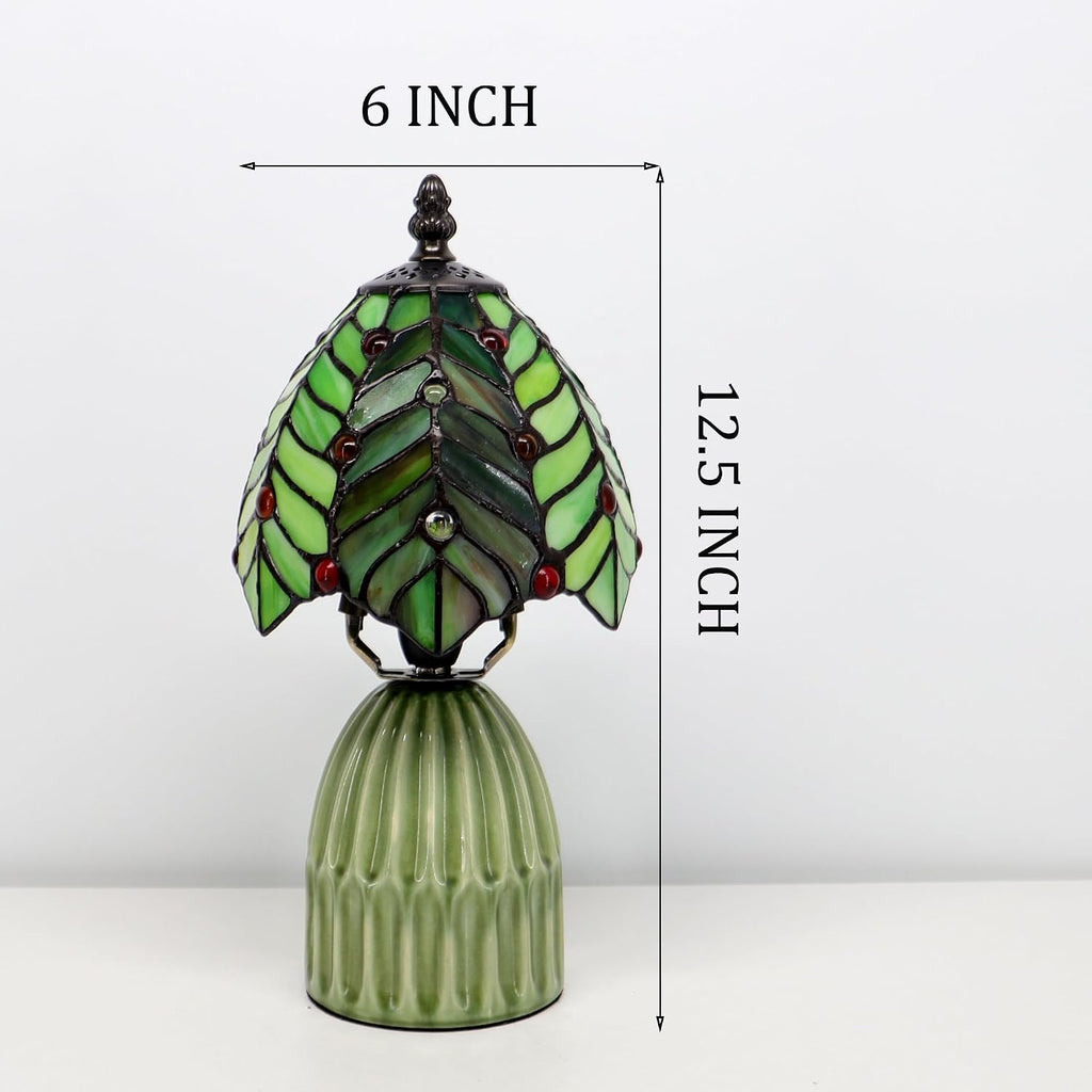 Tiffany Stained Glass Mushroom Table Lamp 12.5 Inch -Green Leaf