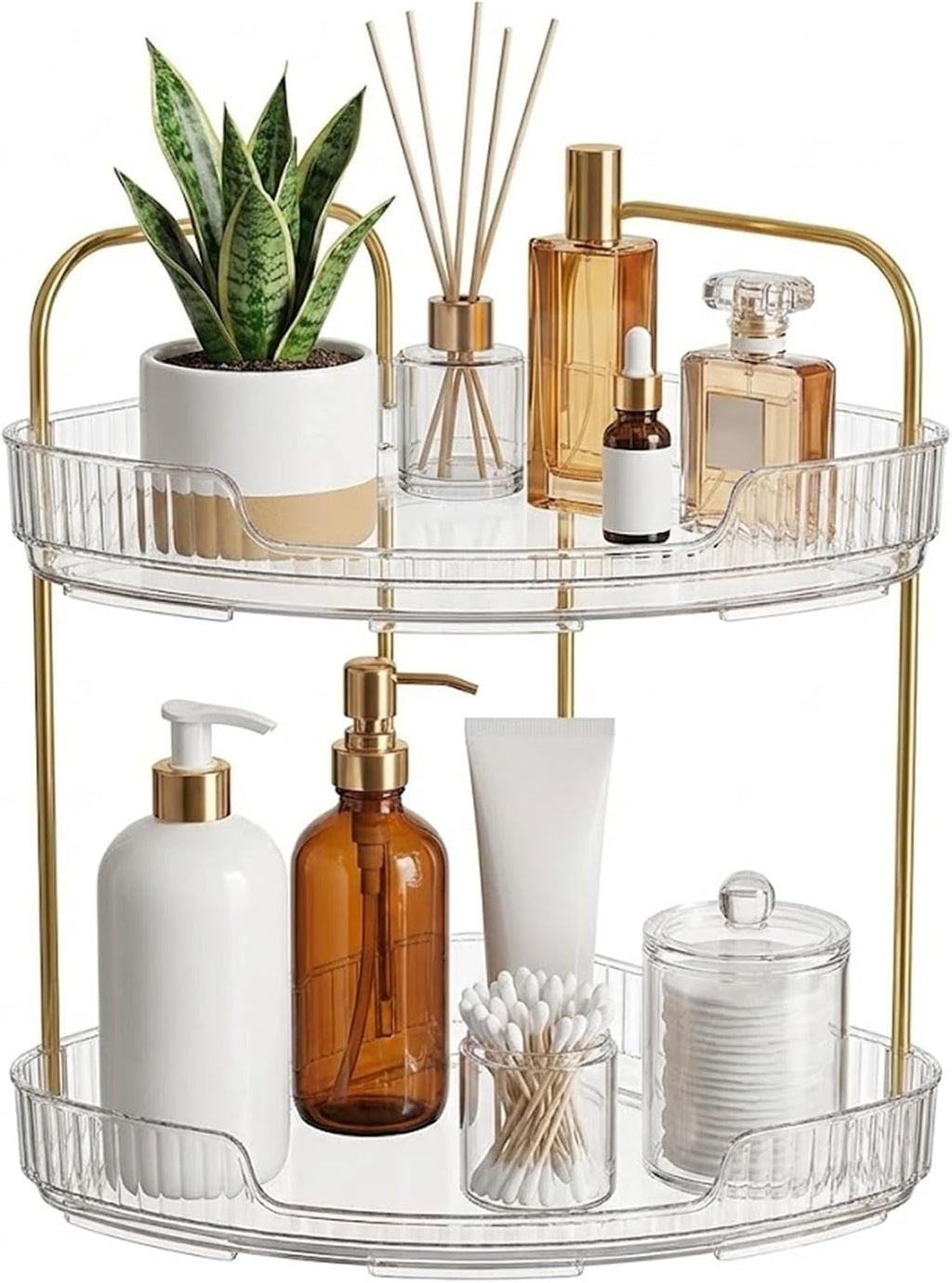 2-Tier Acrylic Corner Bathroom Organizer, 9" x 9" x 11" Large Round Countertop Shelf with Handle, Clear Acrylic Skincare & Makeup Storage Tray, Waterproof Vanity Organizer for Kitchen & Dresser