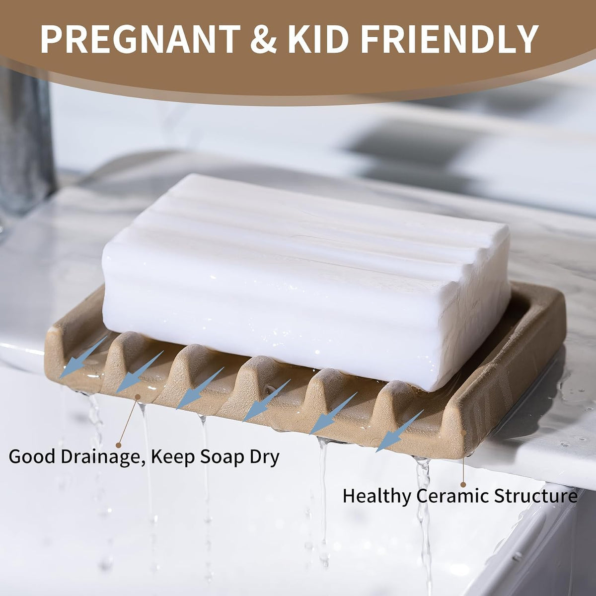 Tanew Self Draining Premium Ceramic Soap Dish, Bar Soap Holder, Waterfall Soap Dish, Shower Soap Holder Sponge Holder Soap Tray Soap Savers for Bathroom, Shower, Kitchen, Sink and Countertop Beige