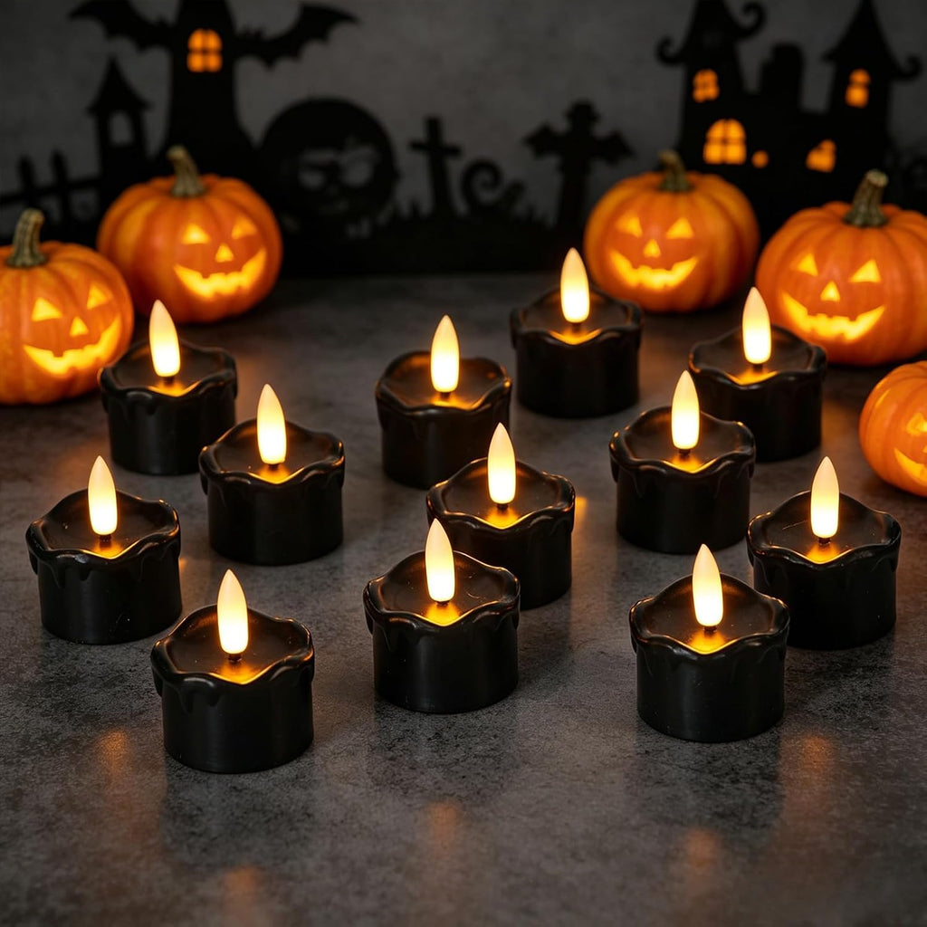Wondise 12pcs Black Real Wax Halloween Flameless Tea Lights with 6H Timer