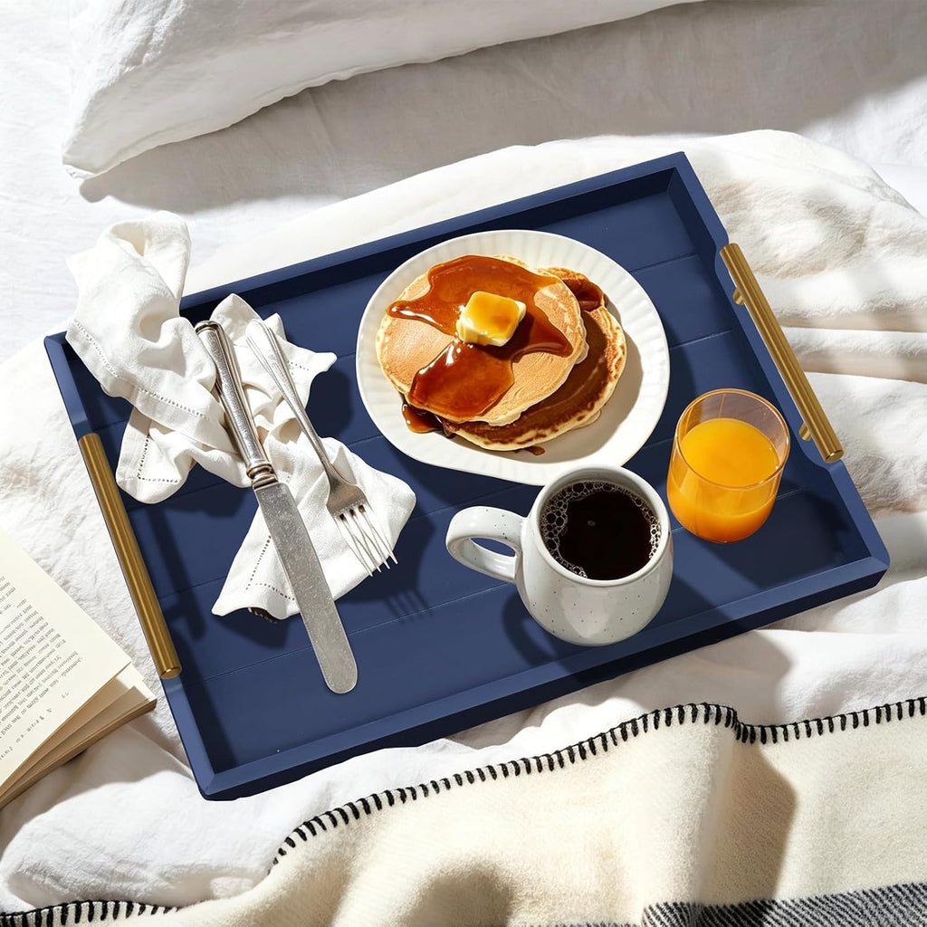 SXNOWS Set of 2 Wood Serving Trays with Gold and Silver Handles