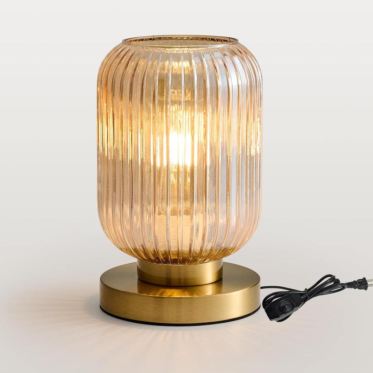 Mid Century Modern Table Lamp, 6" Amber Glass Desk Lamp Plug In