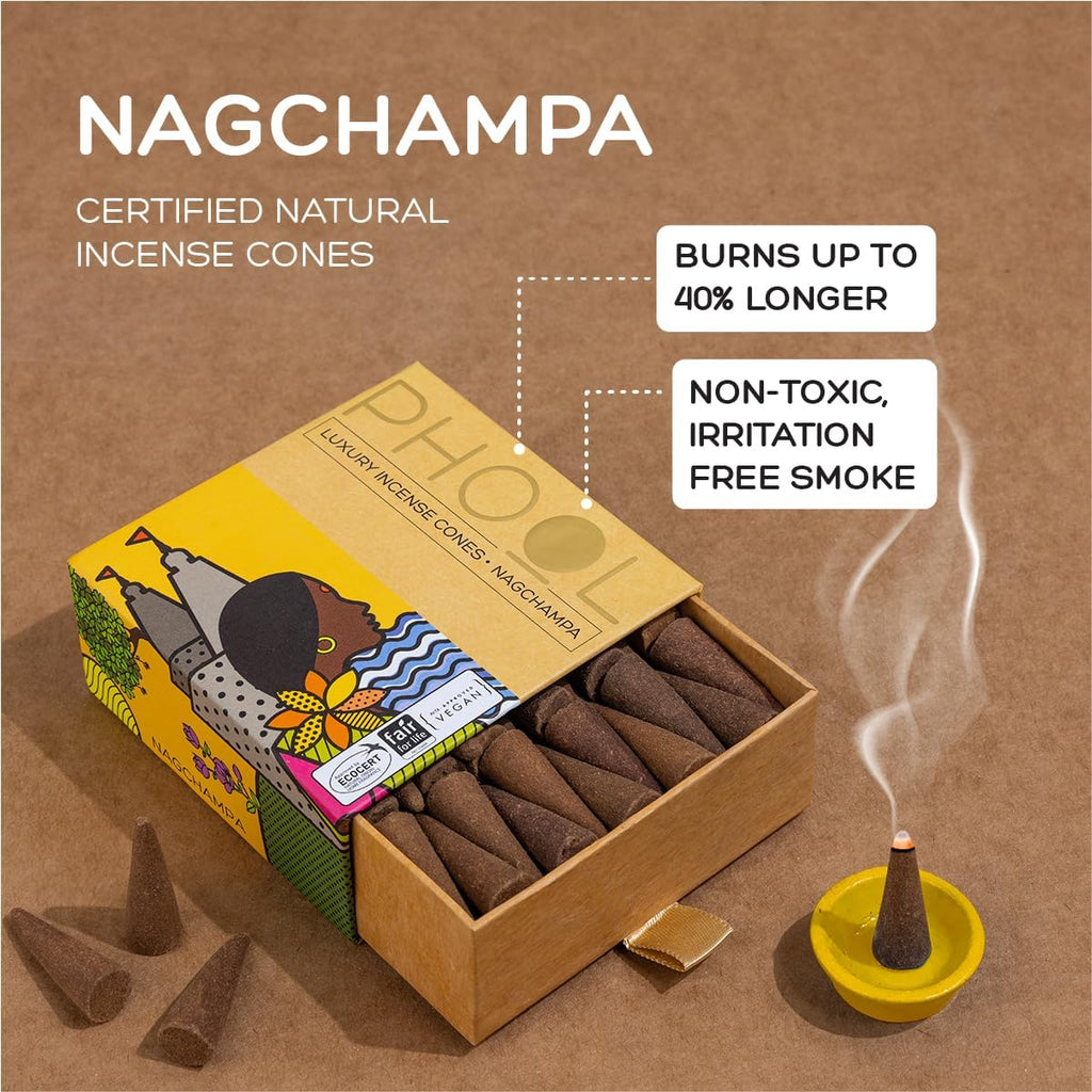 PHOOL LUXURY INCENSE Natural Incense Cones (Bundle Pack of 4) I Special Pack Floral Fragrances - Indian Rose, Tuberose, Lavender, Nagchampa I Organic Dhoop Cones I Chemical & Charcoal Free