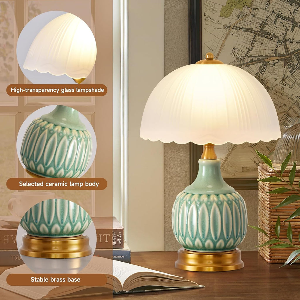 Table Lamps Ceramic Retro Lamp for Living Room,15." Modern Bedside Nightstand Traditional Lamps, Classic Chinoiserie Green Glass Lamp for Home (Retro)