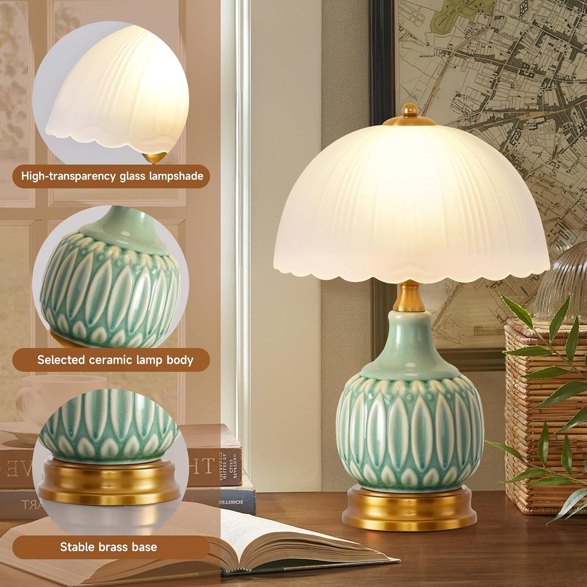 Table Lamps Ceramic Retro Lamp for Living Room,15." Modern Bedside Nightstand Traditional Lamps, Classic Chinoiserie Green Glass Lamp for Home (Retro)