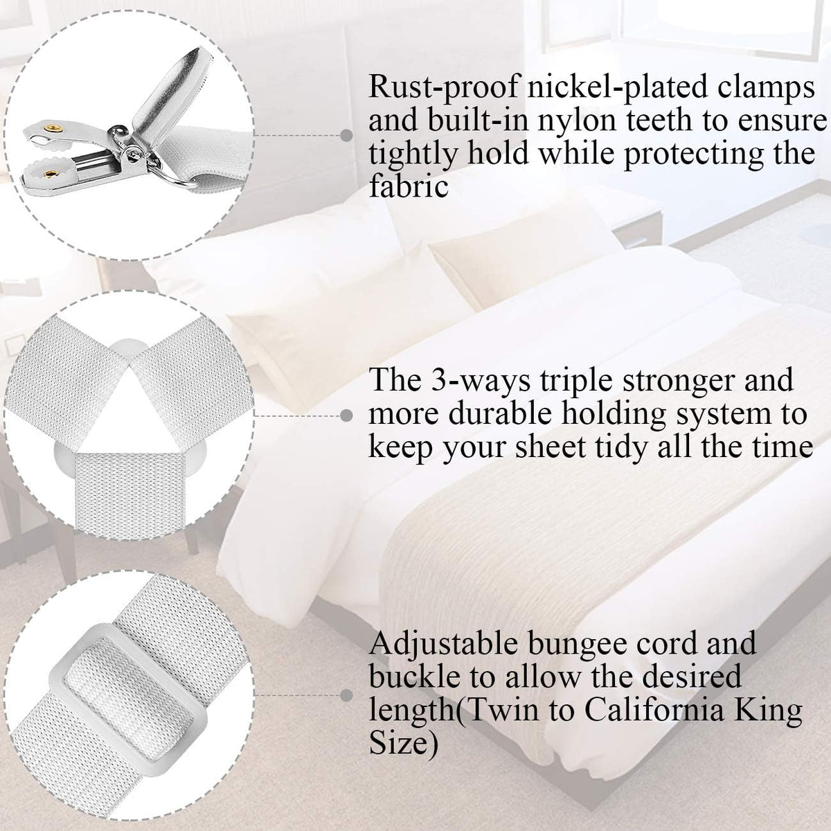 ZHOUBIN Bed Sheet Straps Under Mattress for Keep Sheets in Place, White, Set of 4
