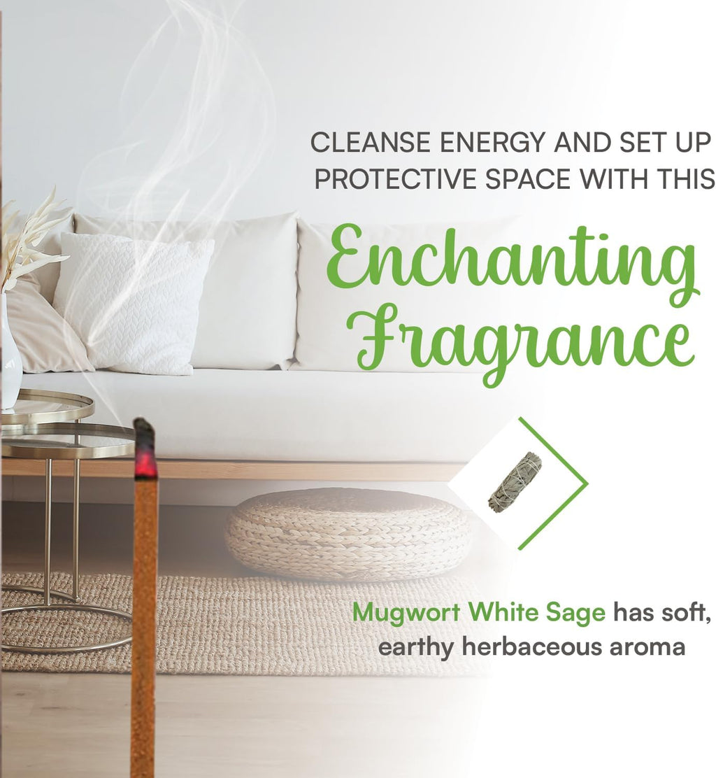 White Sage Incense with Mugwort- Natural Mugwort Magic Herb to Soothe Nerves & Improve Mood | Sage Incense Sticks for Cleansing | Thoughtful Gift for Loved Ones (12 Packs, 100+ Sticks)