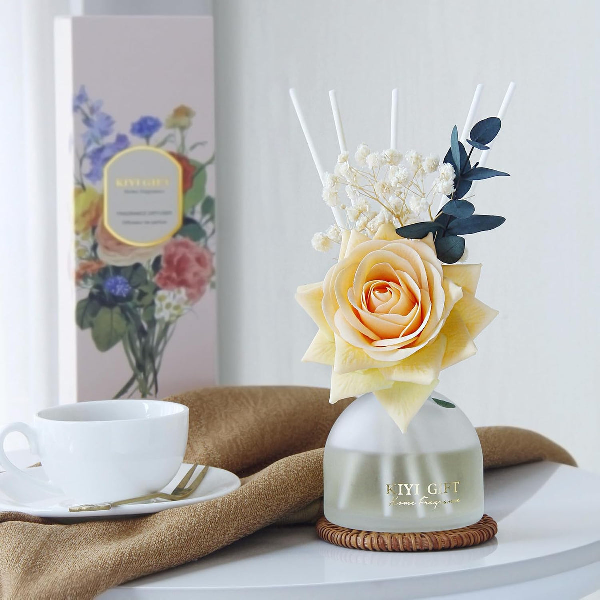 Reed Diffuser Set, 4.06 oz Scent Diffuser with 6 Sticks, Home Fragrance, Reed Diffuser for Bathroom Shelf Decor, Gardenia White Tea