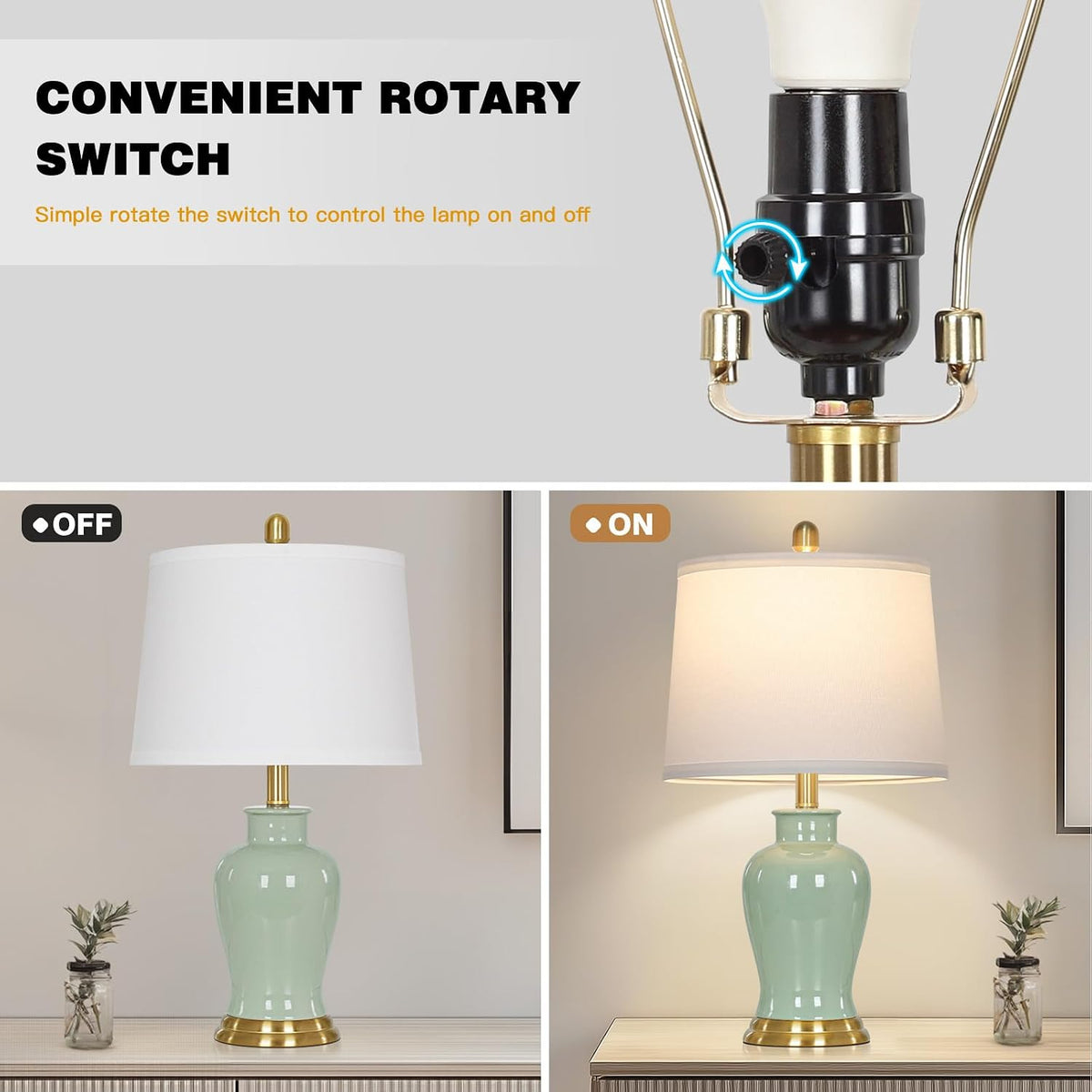 Ruzectt Green Ceramic Lamps Set of 2, 23" Modern Table Lamps for Living Room, Classic Bedside Lamp with Ginger Jar Design, Elegant Bedroom Lamp for Night Stand Desk Side End Table Home Decor