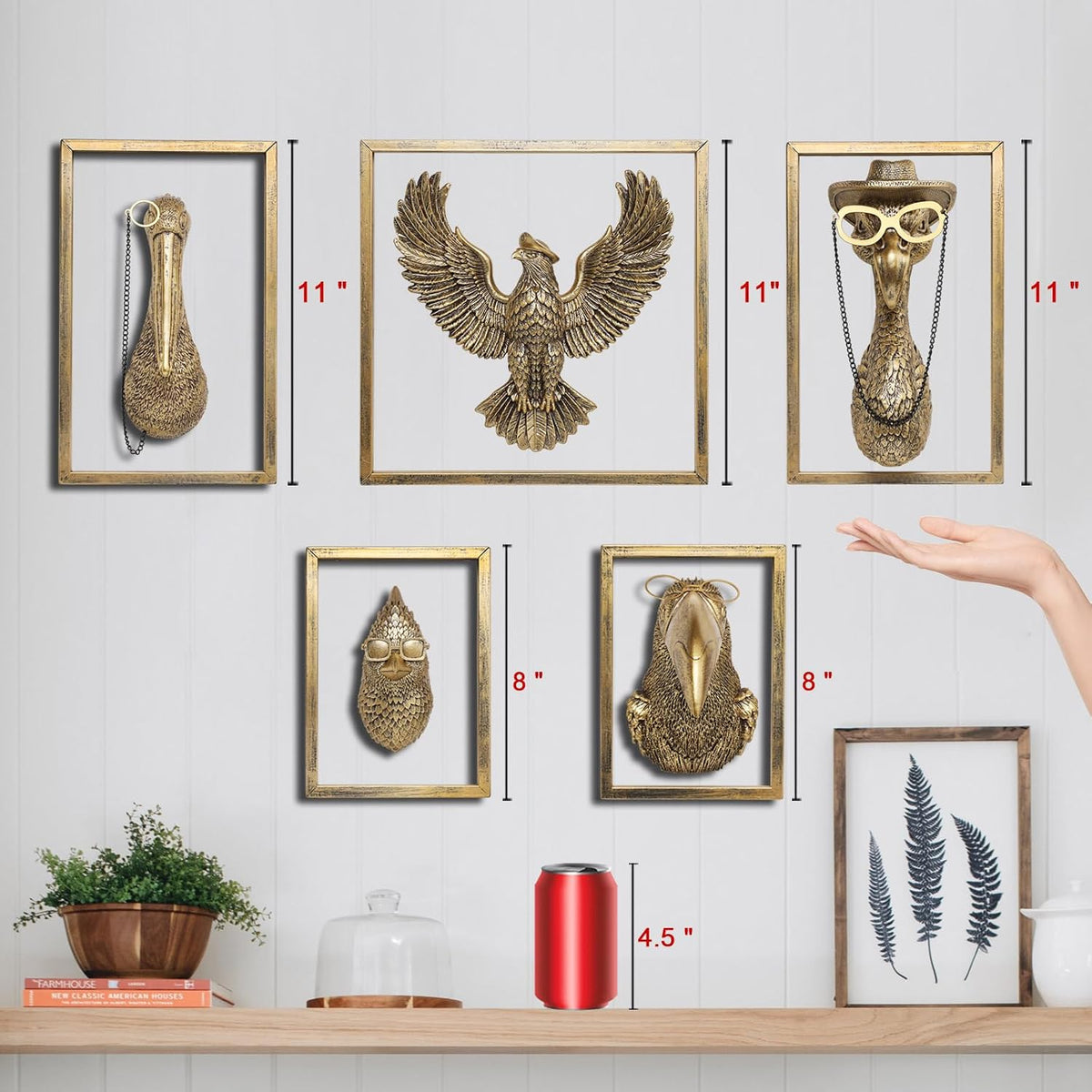 Vintage Gold Resin Animal Heads Wall Decor(Pelican,Gift Metal Frame)- Exquisite Wall Hanging Sculptures for Living Room, Bedroom, Office - Handmade Home Art Decor