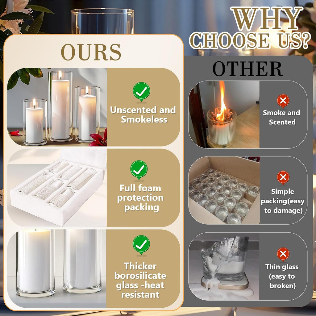 Homjoy 24 PCS Ivory White Pillar Candles with Glass Candle Holders Clear Hurricane Candle Holders Glass Cylinder Vases for Centerpieces Wedding Party, Event, Home Office (12 Candles+12 Candle Hoders)