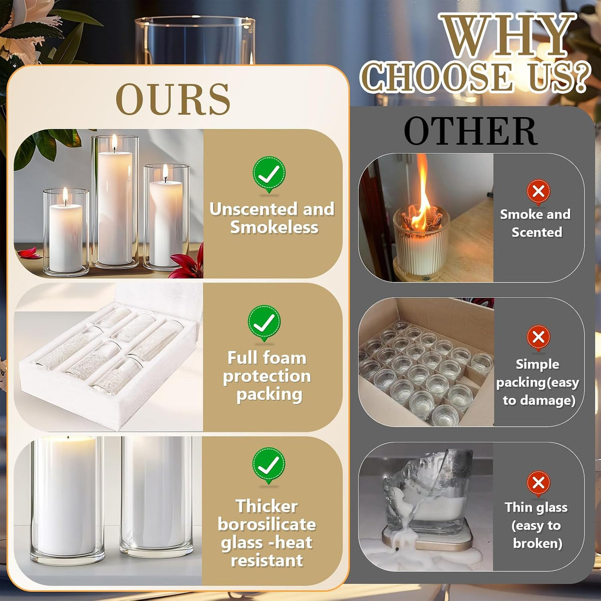 Homjoy 24 PCS Ivory White Pillar Candles with Glass Candle Holders Clear Hurricane Candle Holders Glass Cylinder Vases for Centerpieces Wedding Party, Event, Home Office (12 Candles+12 Candle Hoders)